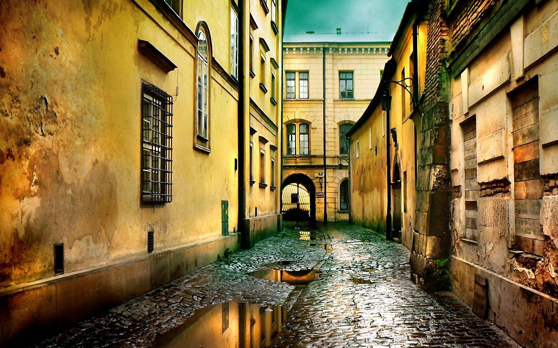 cities, building, street, puddles