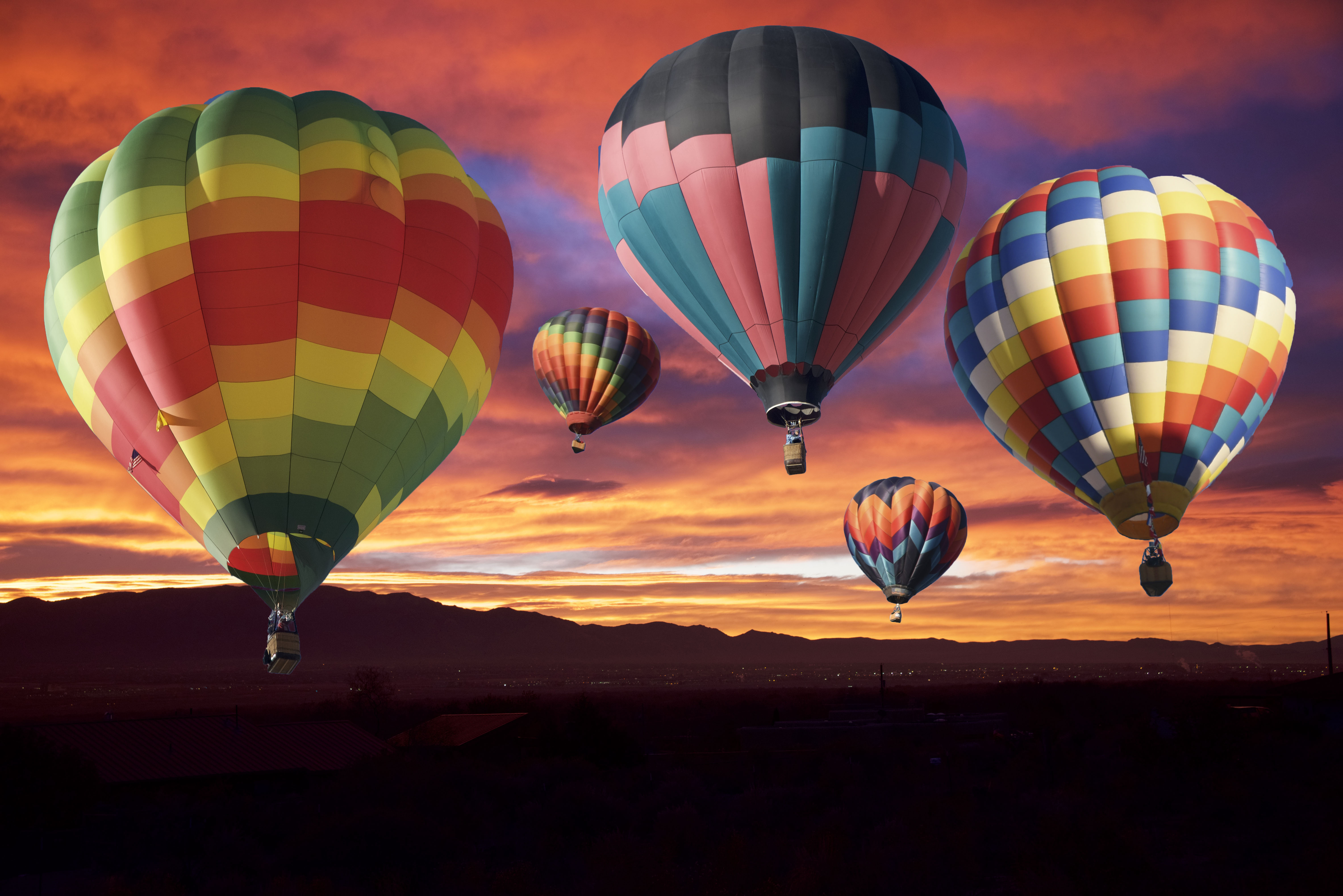 PCデスクトップに日没, カラフル, 乗り物, クラウド, 熱気球画像を無料でダウンロード