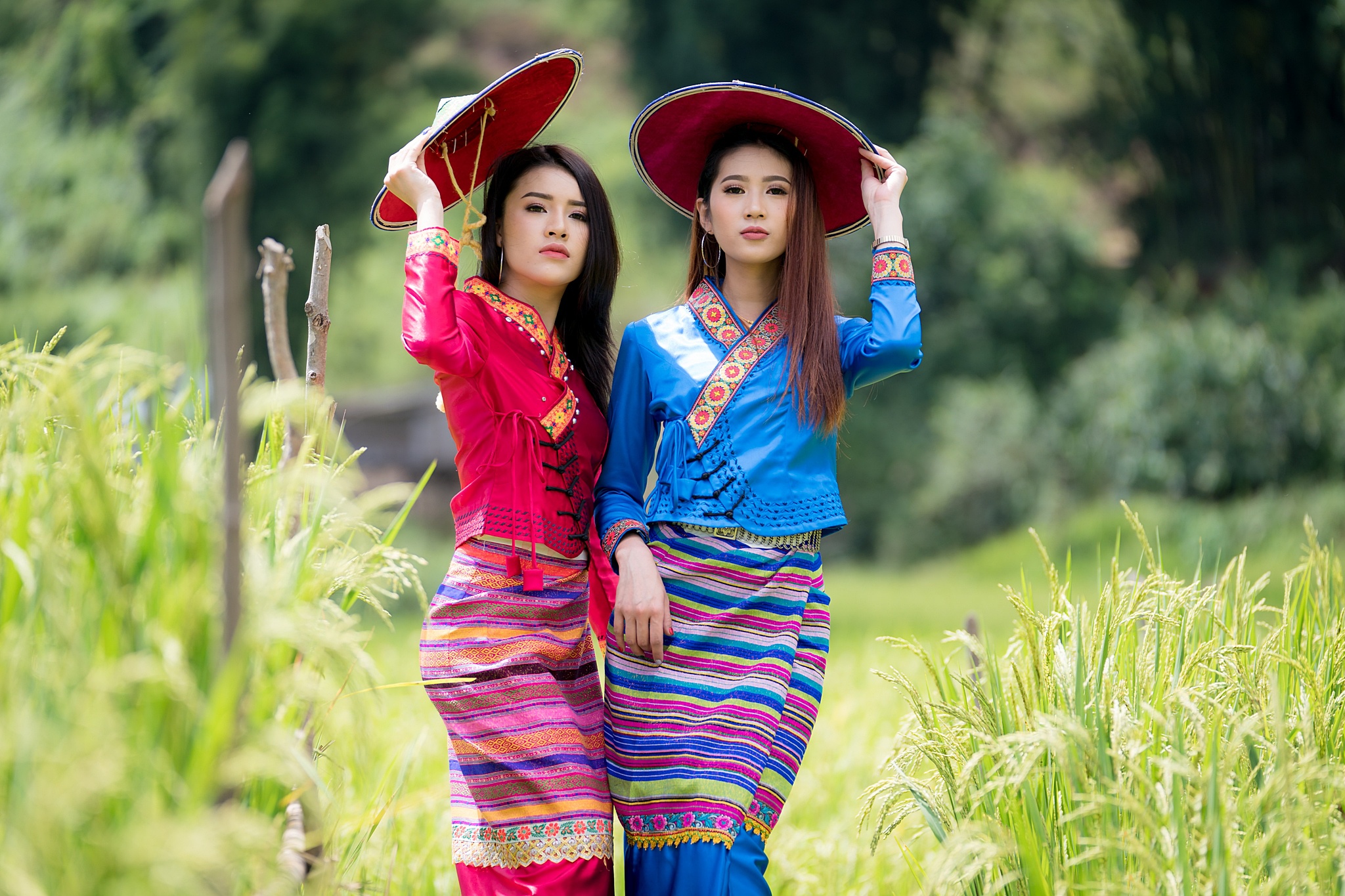 women, asian, asian conical hat, depth of field, model, traditional costume, twosome