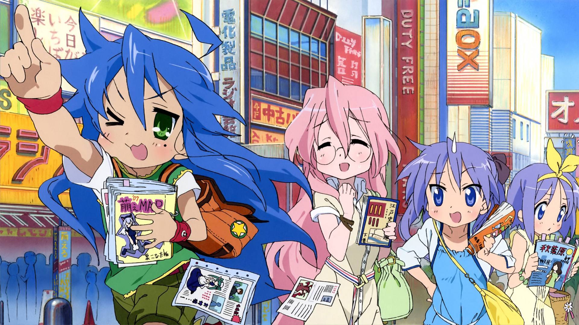Handy-Wallpaper Animes, Raki Suta: Lucky Star, Kagami Hiiragi, Tsukasa Hiiragi, Konata Izumi, Miyuki Takara kostenlos herunterladen.