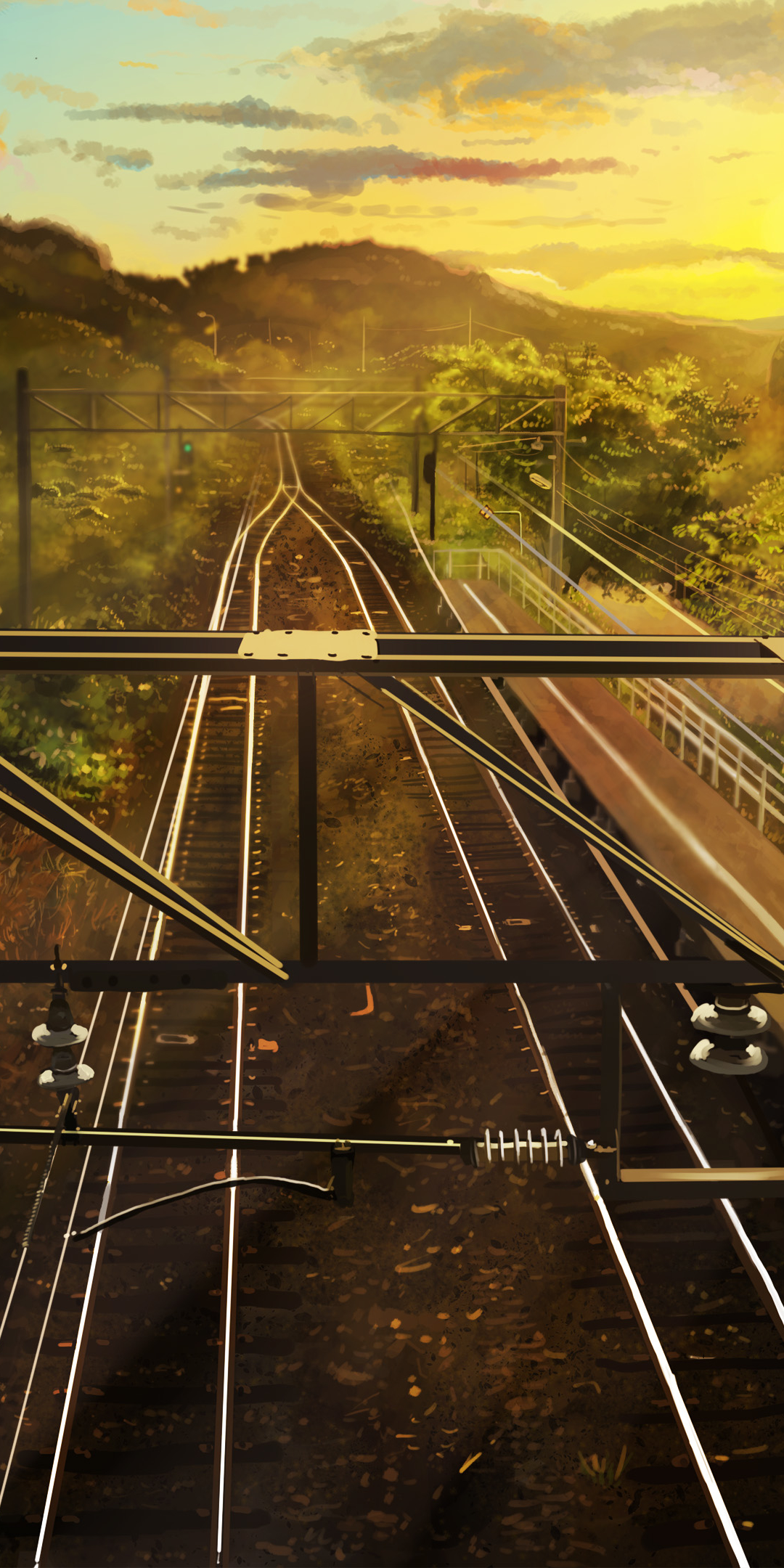 Download mobile wallpaper Anime, Nature, Sunset, Train Station, Railroad, Original for free.