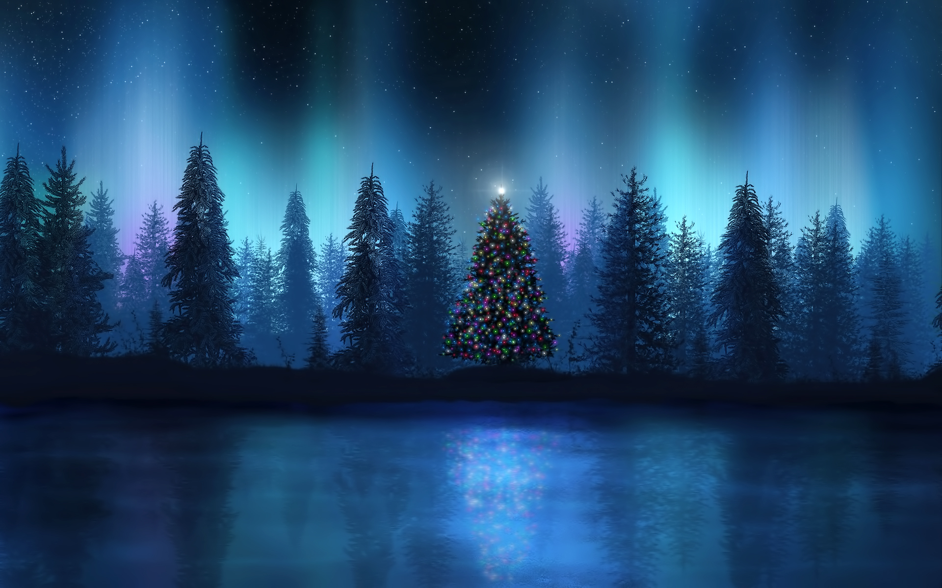 new year, holidays, fir trees, blue cellphone