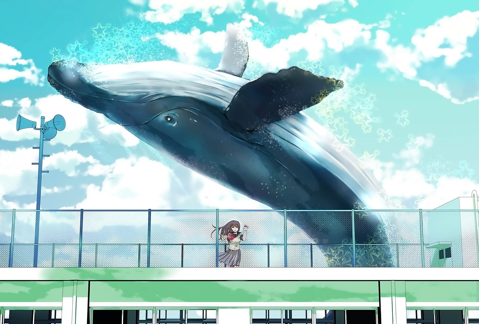anime, original, fence, giant, schoolgirl, star, whale