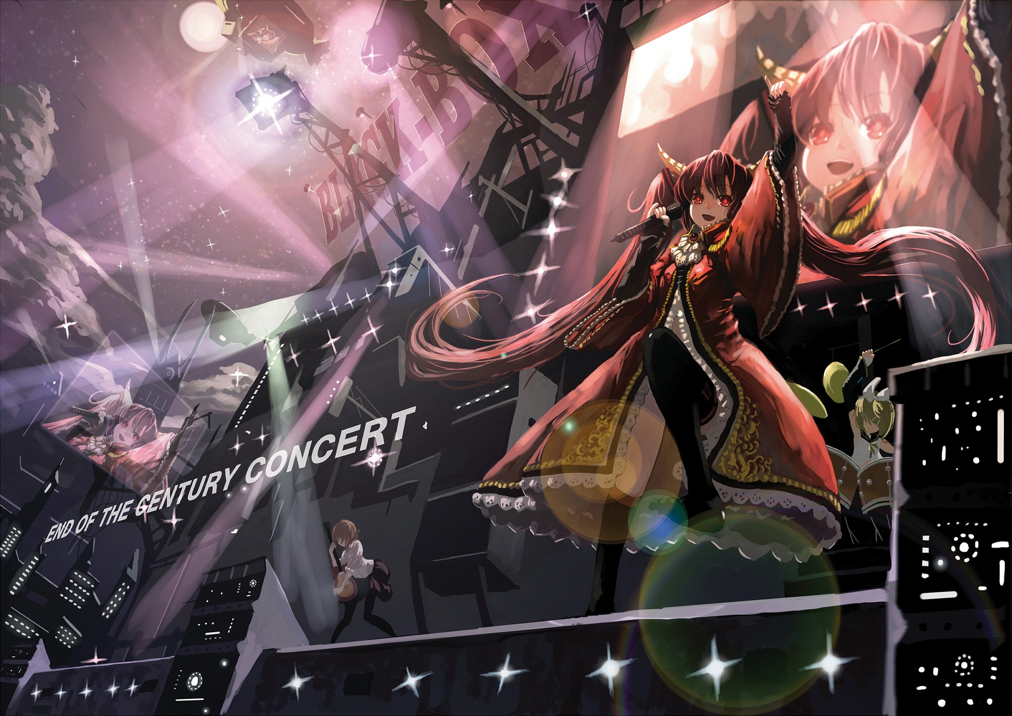 Free download wallpaper Anime, Vocaloid, Concert, Red Eyes, Hatsune Miku, Long Hair, Red Hair, Twintails on your PC desktop