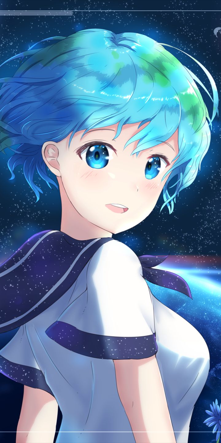 anime, earth chan, blue eyes, blue hair, short hair