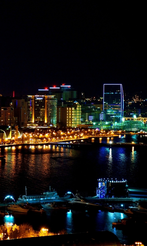 night, man made, baku, city, azerbaijan, light, building, coast, cities