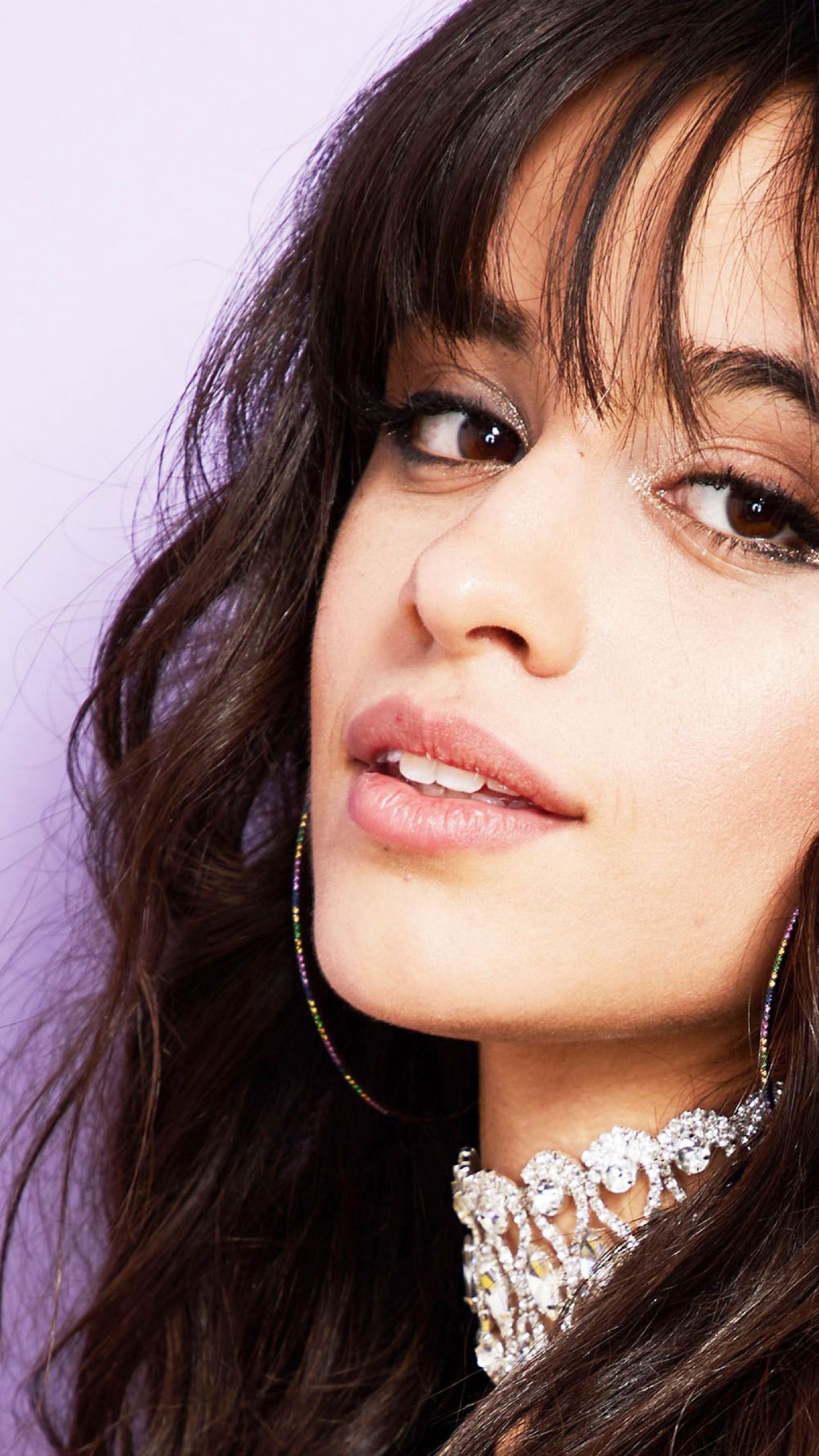 Download mobile wallpaper Music, Close Up, Singer, Face, Earrings, Brown Eyes, Black Hair, Latina, Camila Cabello for free.