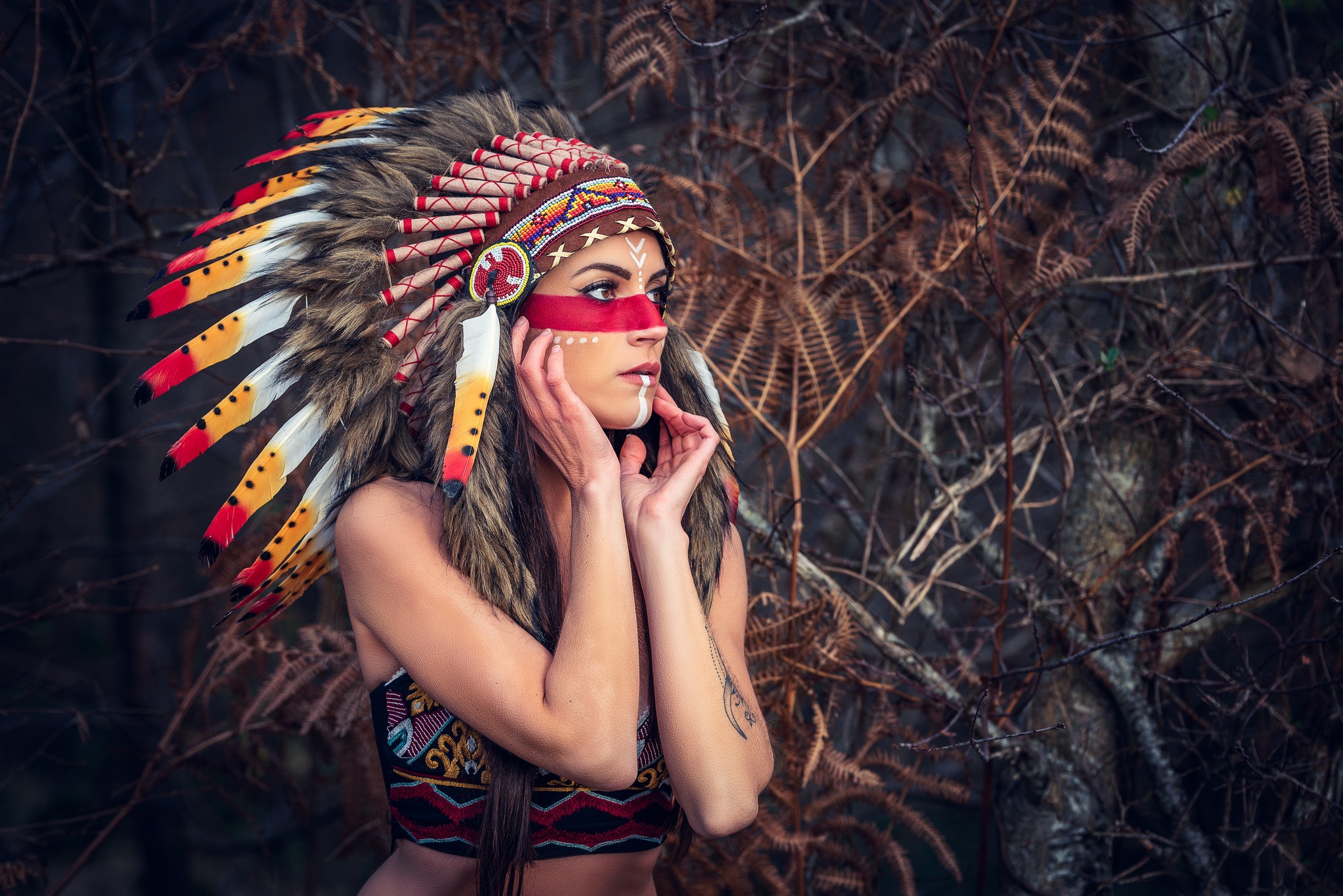 Download mobile wallpaper Women, Headdress, Brown Eyes, Native American for free.