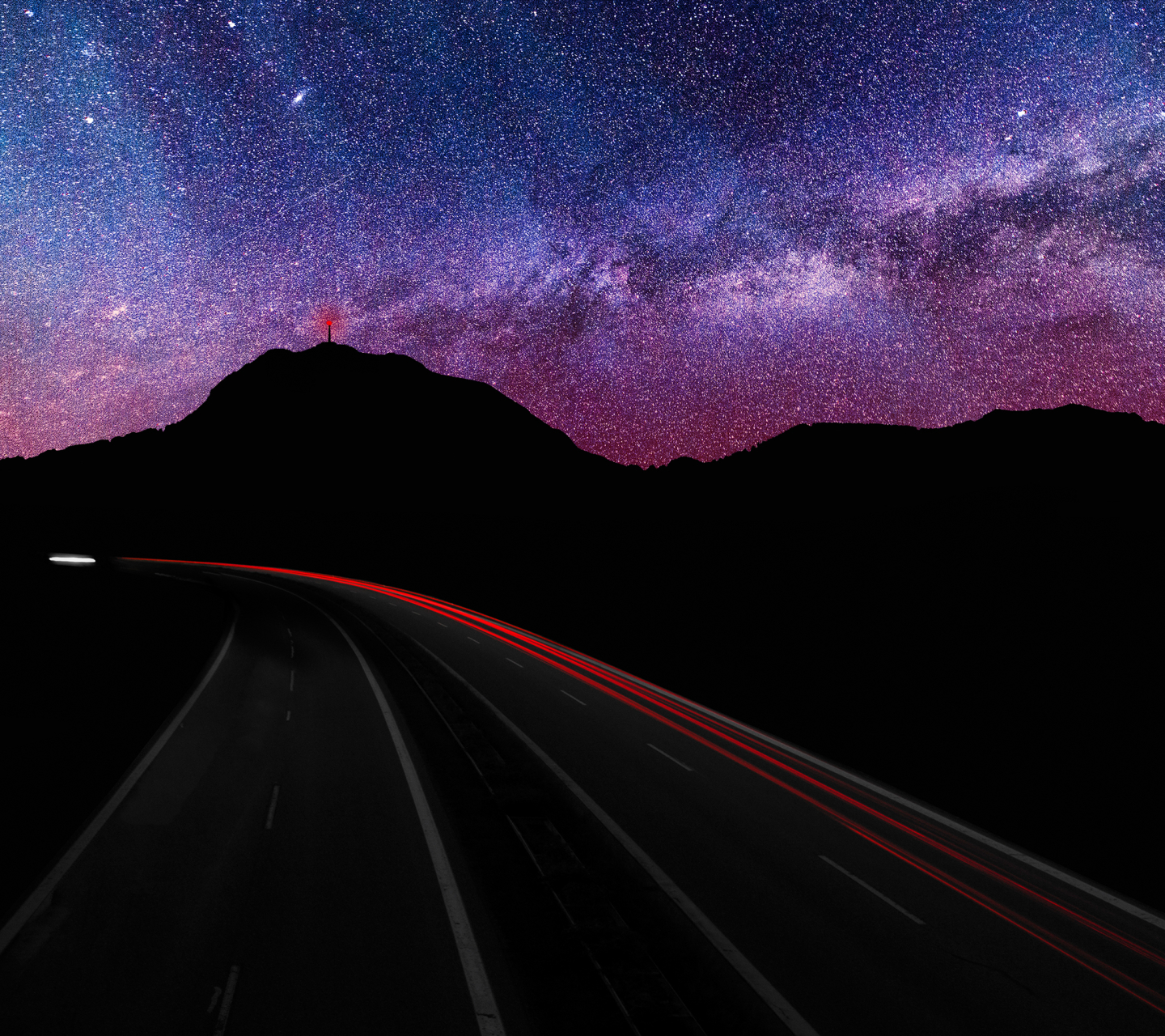 Download mobile wallpaper Stars, Night, Mountain, Silhouette, Road, Milky Way, Sci Fi, Time Lapse for free.