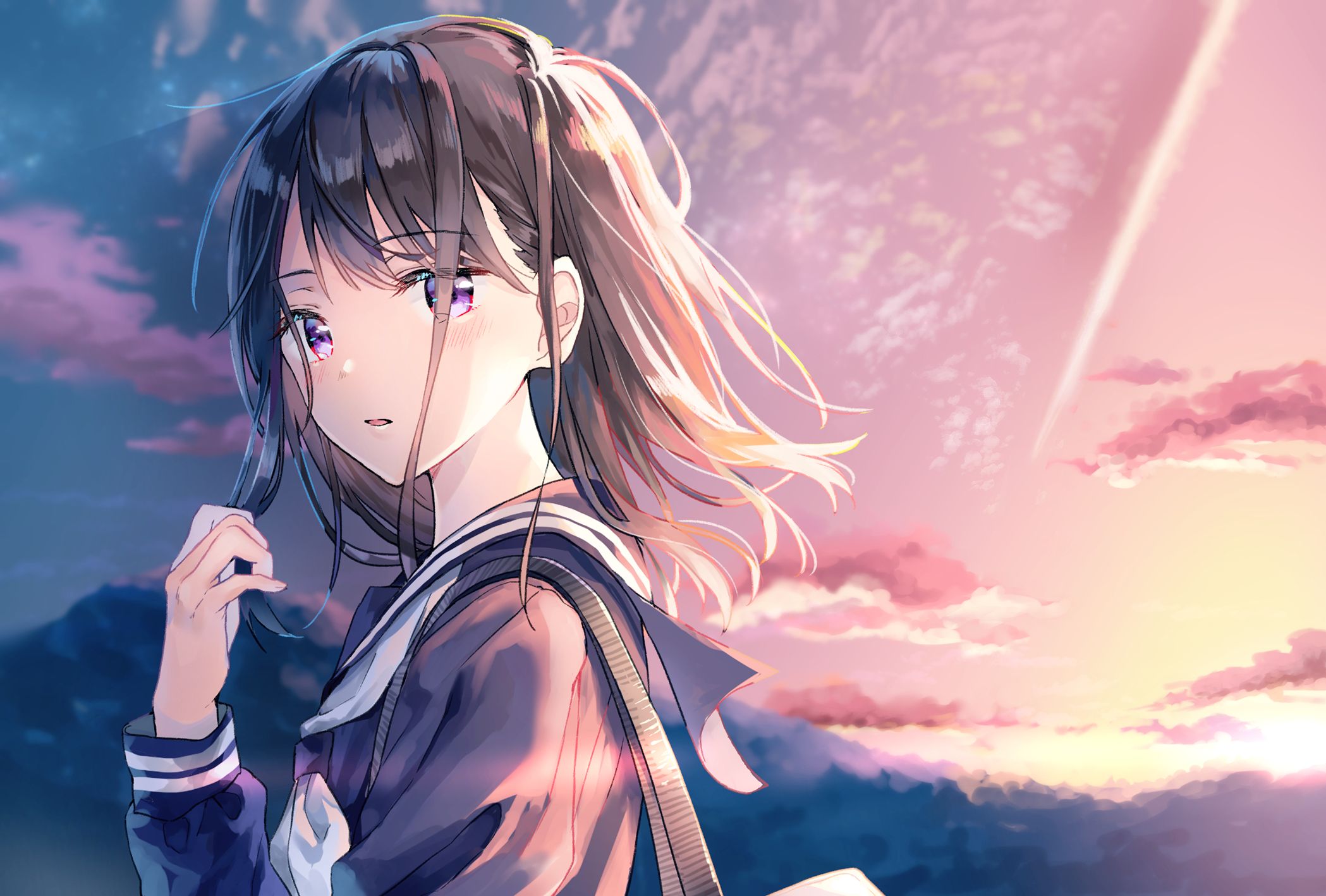 Free download wallpaper Anime, Sunset, Original, Brown Hair, Short Hair, Purple Eyes on your PC desktop