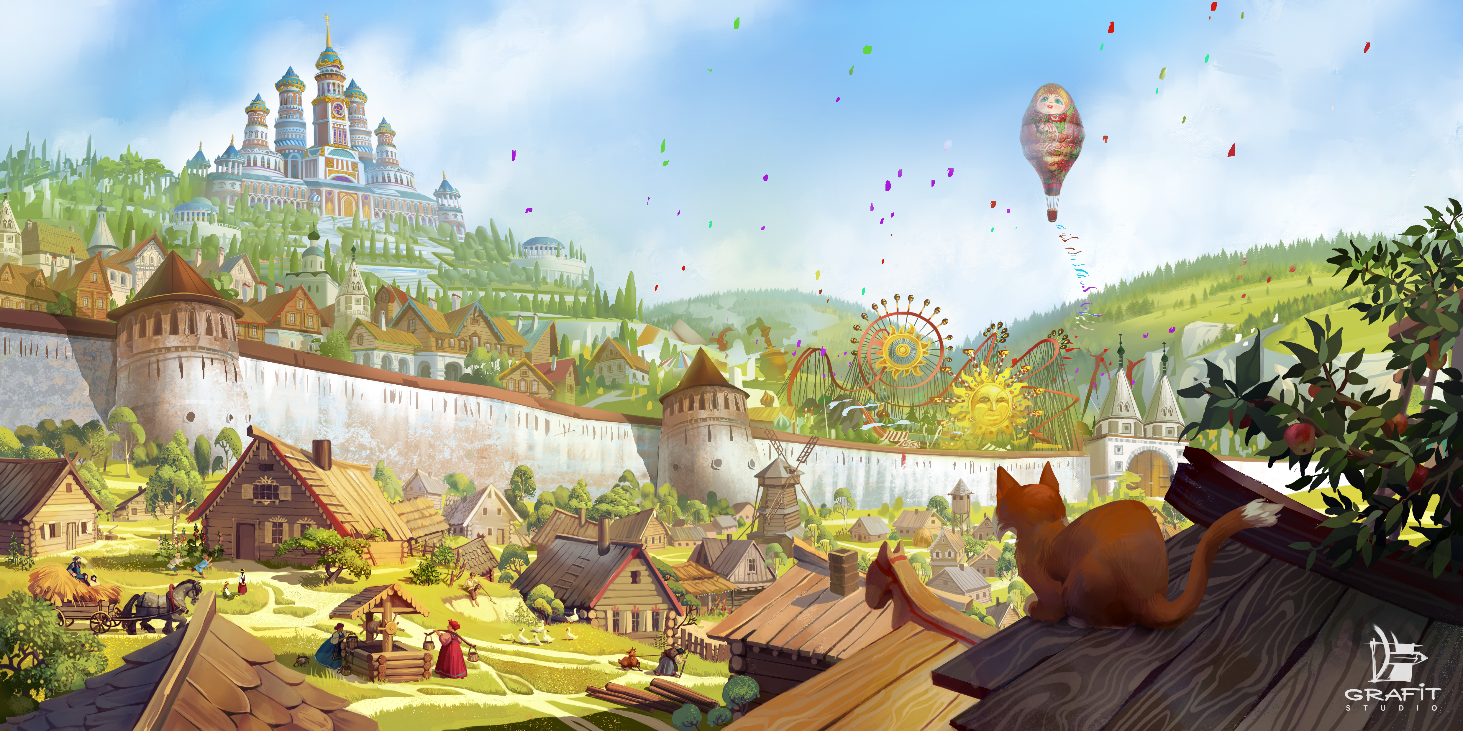 Laden Sie das Fantasie, Katze, Haus, Großstadt, Heißluftballon-Bild kostenlos auf Ihren PC-Desktop herunter