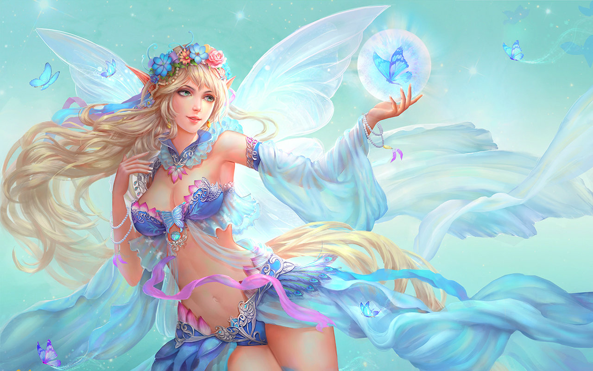 Download mobile wallpaper Fantasy, Butterfly, Blonde, Fairy, Long Hair, Pointed Ears for free.