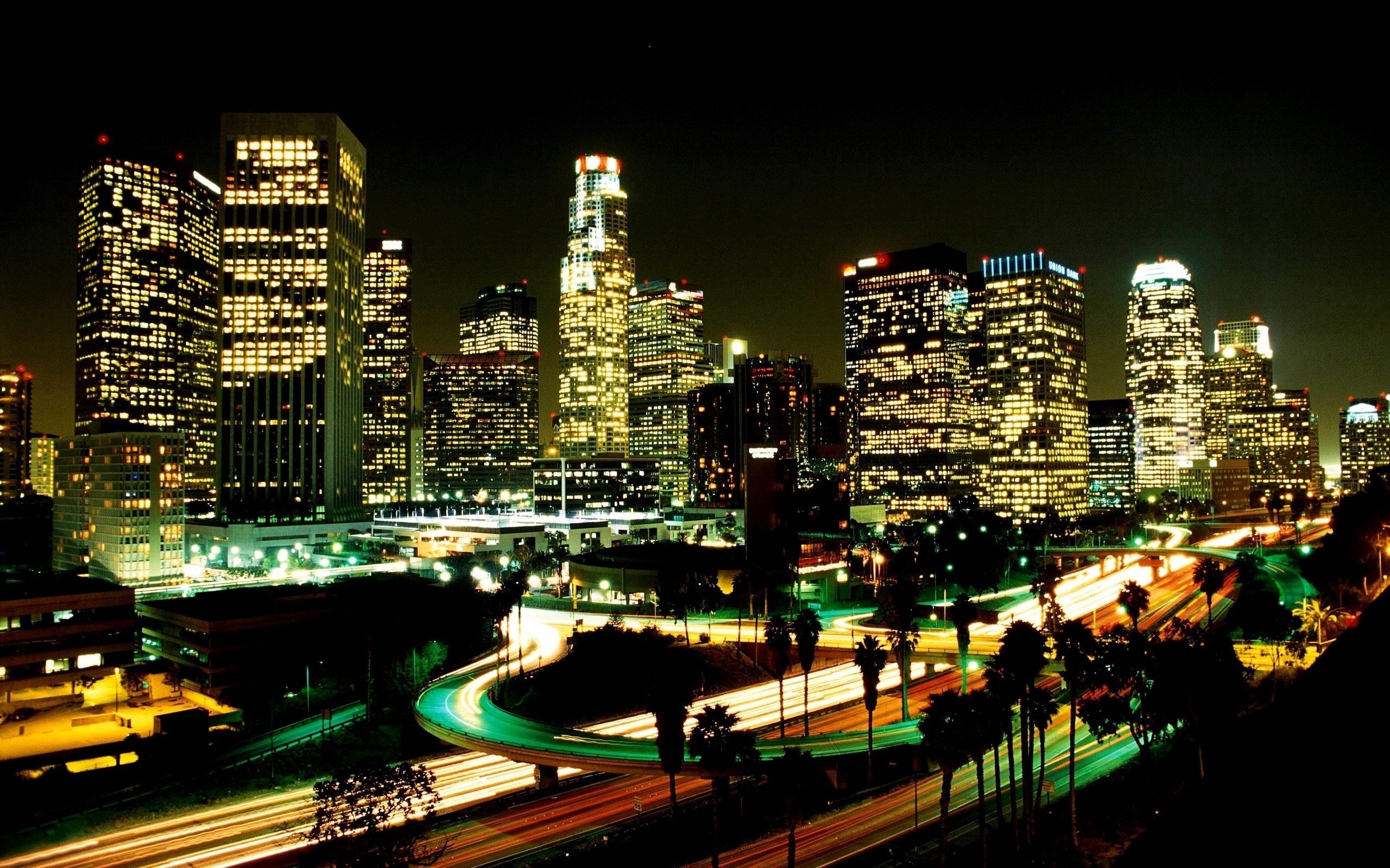 Free download wallpaper Skyscrapers, Cities, City, Los Angeles, Street, Night on your PC desktop