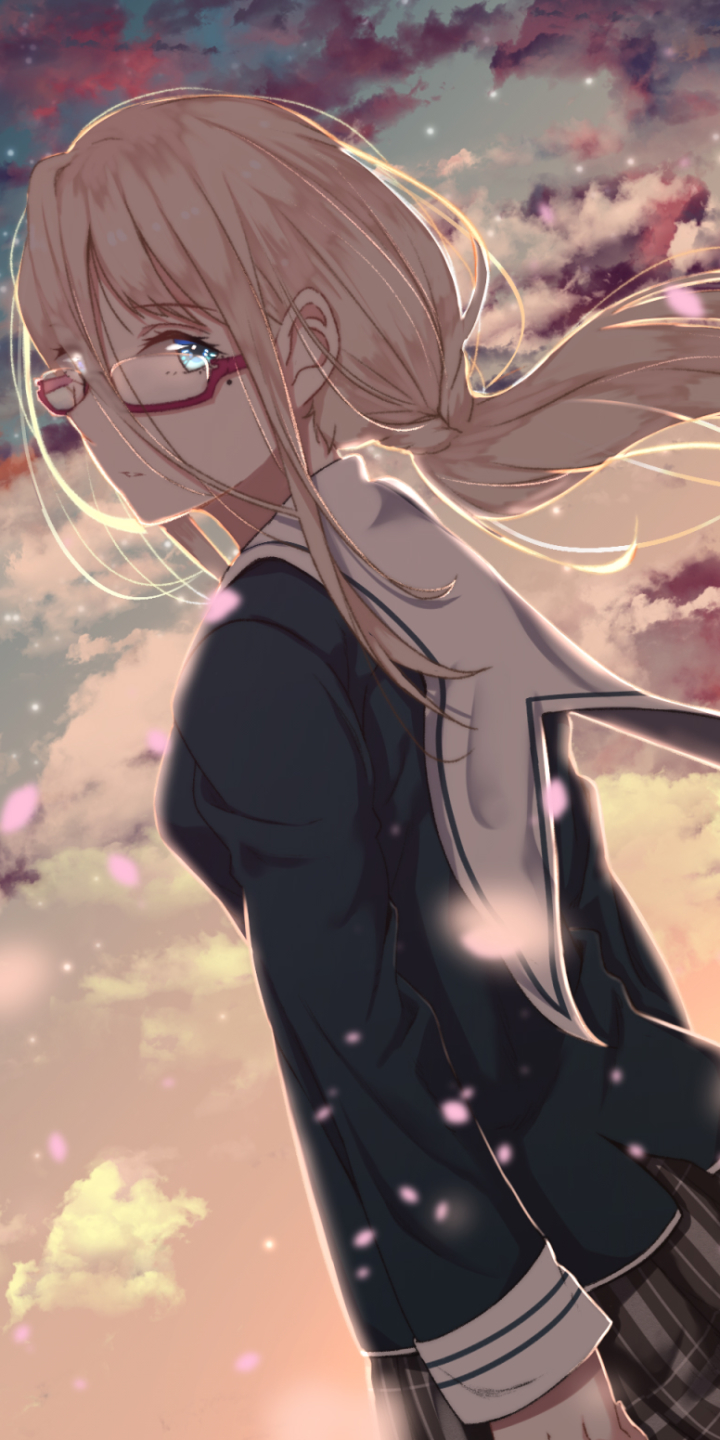 Handy-Wallpaper Traurig, Blond, Brille, Blaue Augen, Original, Blondinen, Schuluniform, Animes, Lange Haare kostenlos herunterladen.