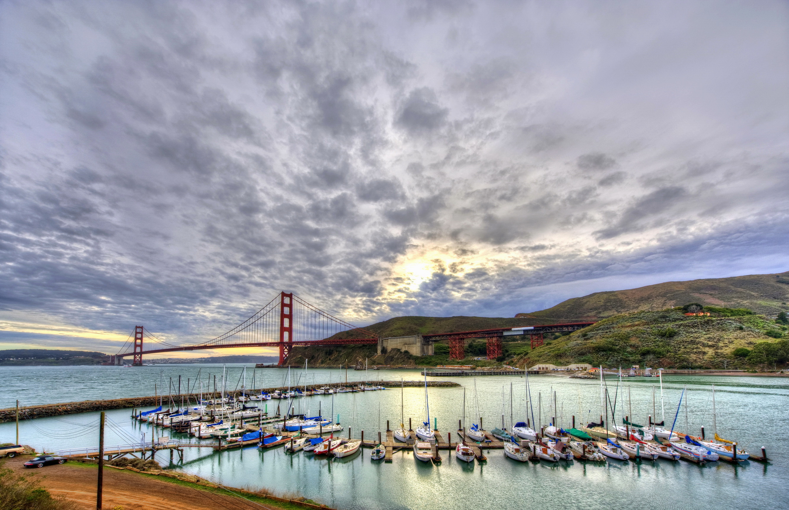 Download mobile wallpaper Landscape, Bridges, Sky, Bridge, Cloud, Golden Gate, Harbor, Man Made for free.
