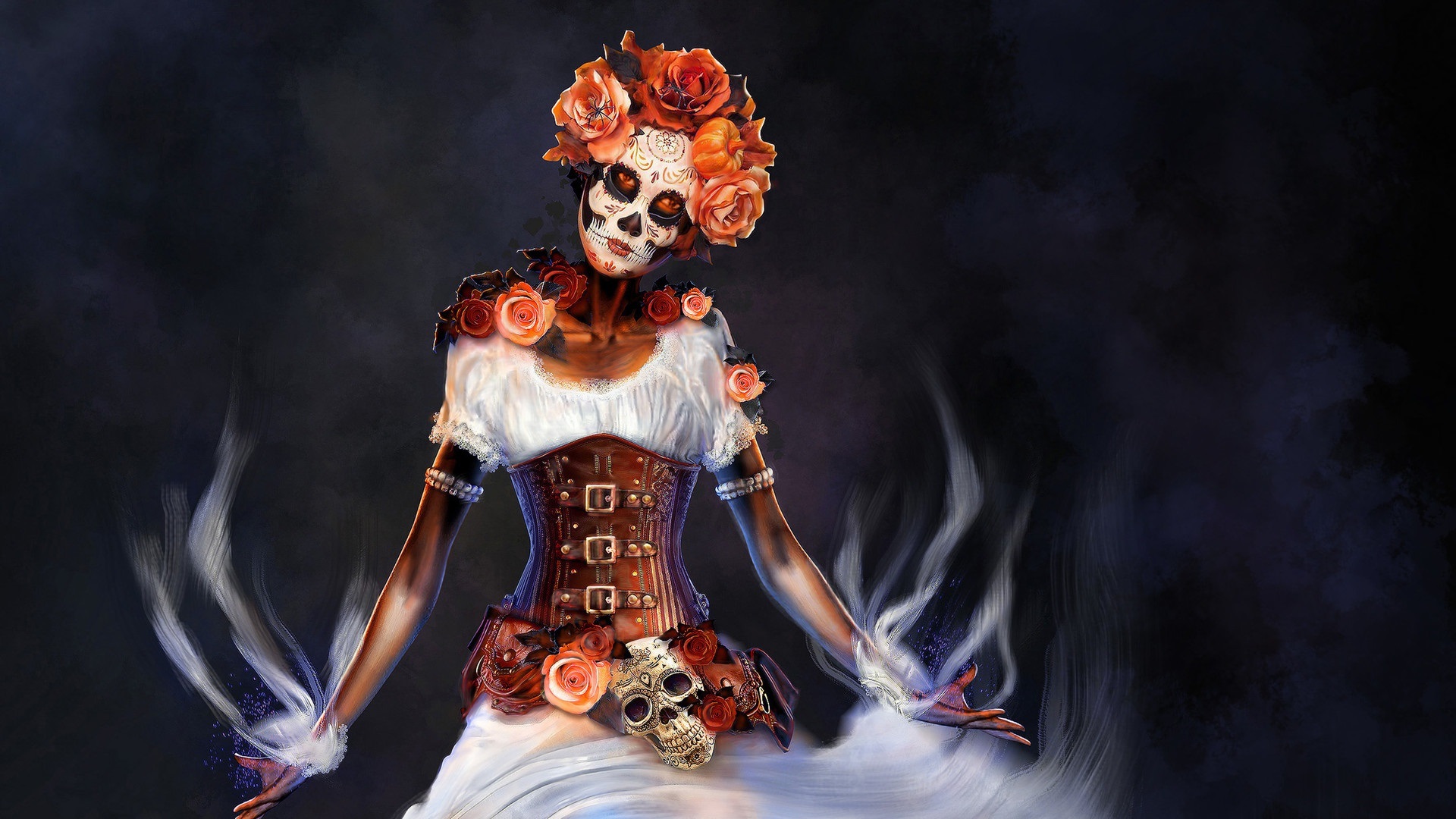 artistic, sugar skull, corset, day of the dead, fantasy, steampunk