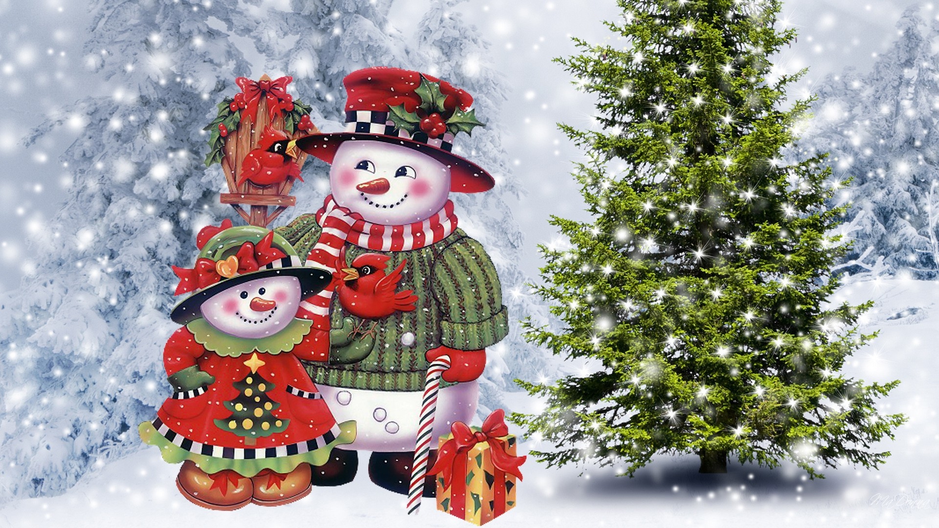 Download mobile wallpaper Snow, Snowman, Bird, Tree, Christmas, Holiday, Gift for free.