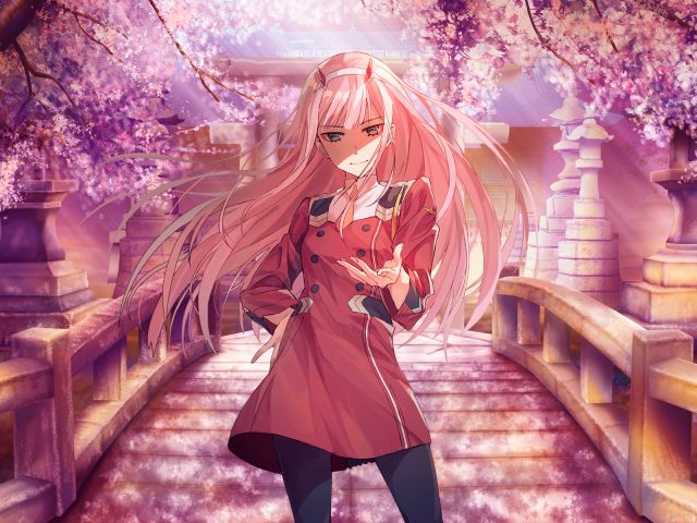 Laden Sie das Sakura, Hörner, Animes, Darling In The Franxx, Zero Two (Liebling Im Franxx)-Bild kostenlos auf Ihren PC-Desktop herunter