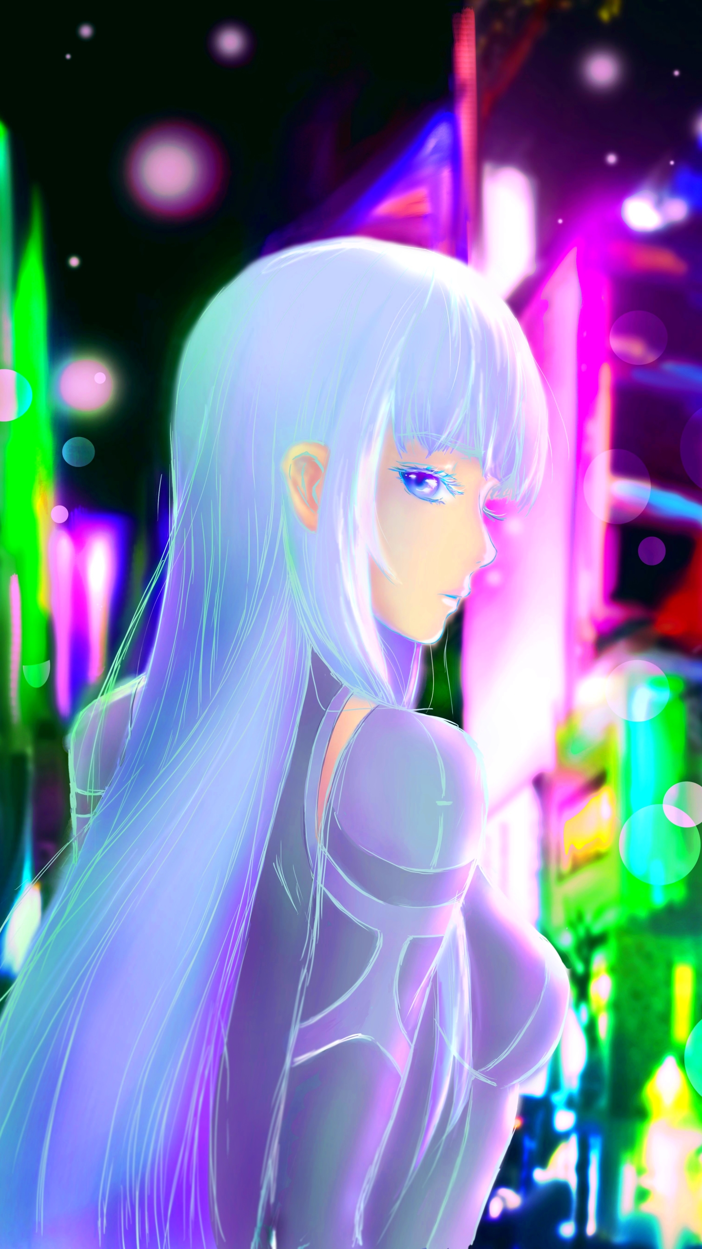 Download mobile wallpaper Anime, City, Original, Purple Eyes, White Hair for free.