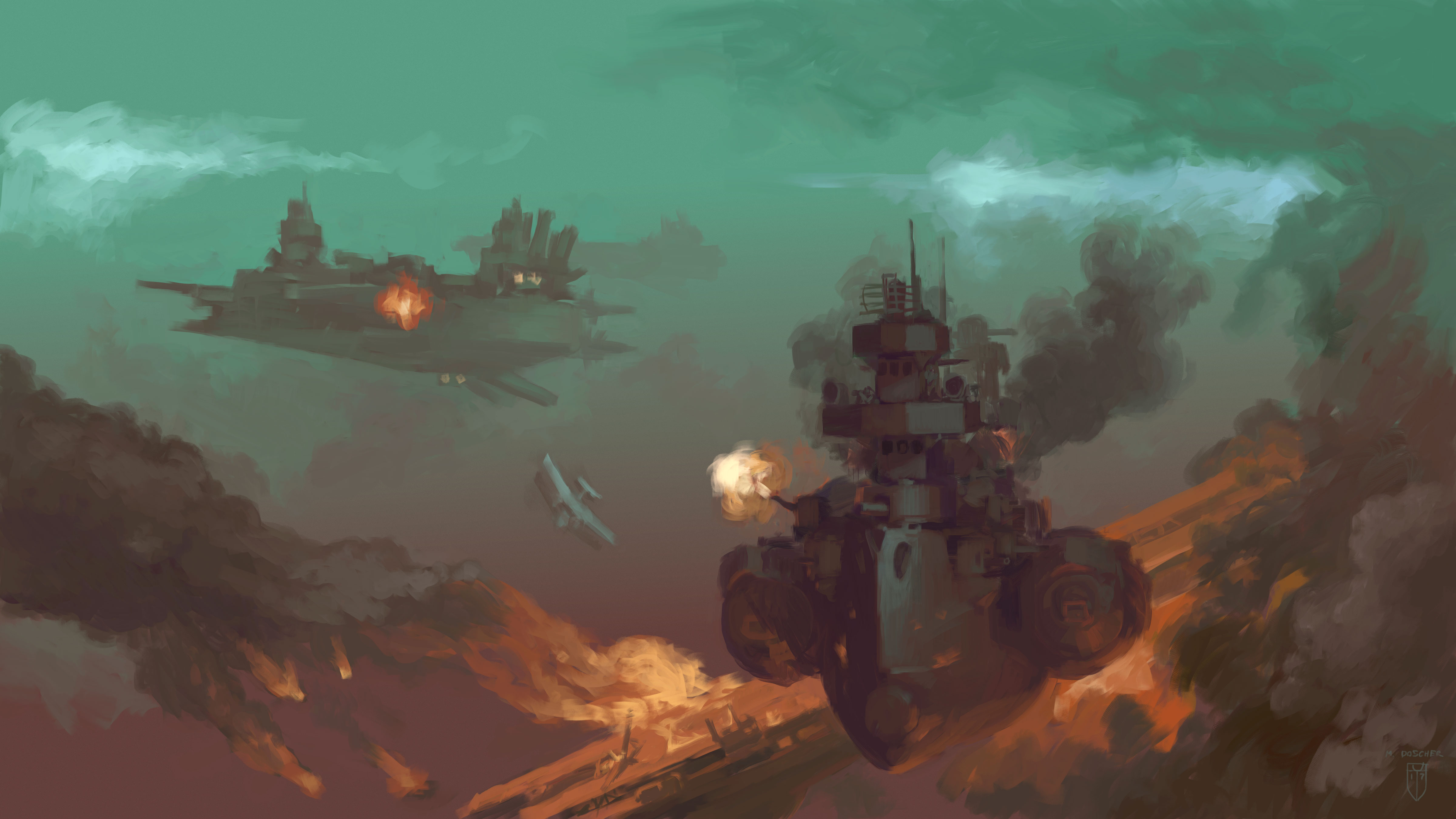 Download mobile wallpaper Smoke, War, Battleship, Painting, Sci Fi, Steampunk for free.