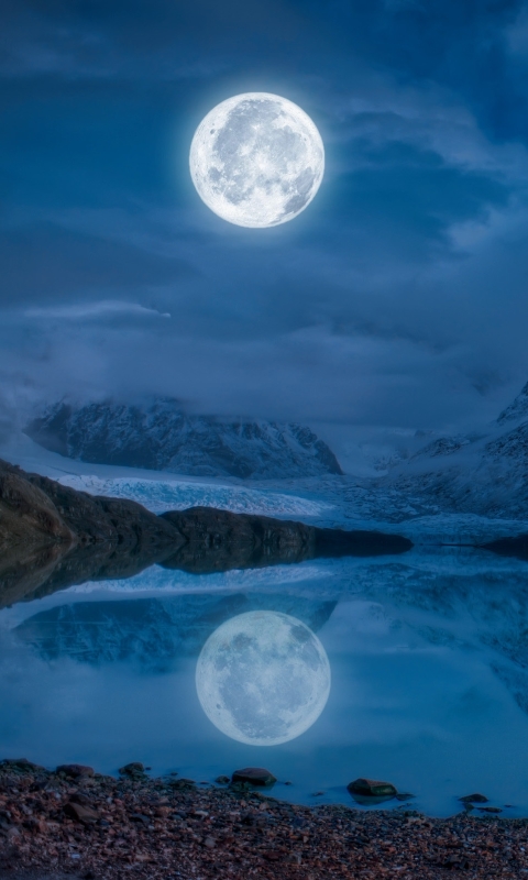 Download mobile wallpaper Winter, Nature, Mountains, Moon, Snow, Mountain, Lake, Reflection, Earth for free.