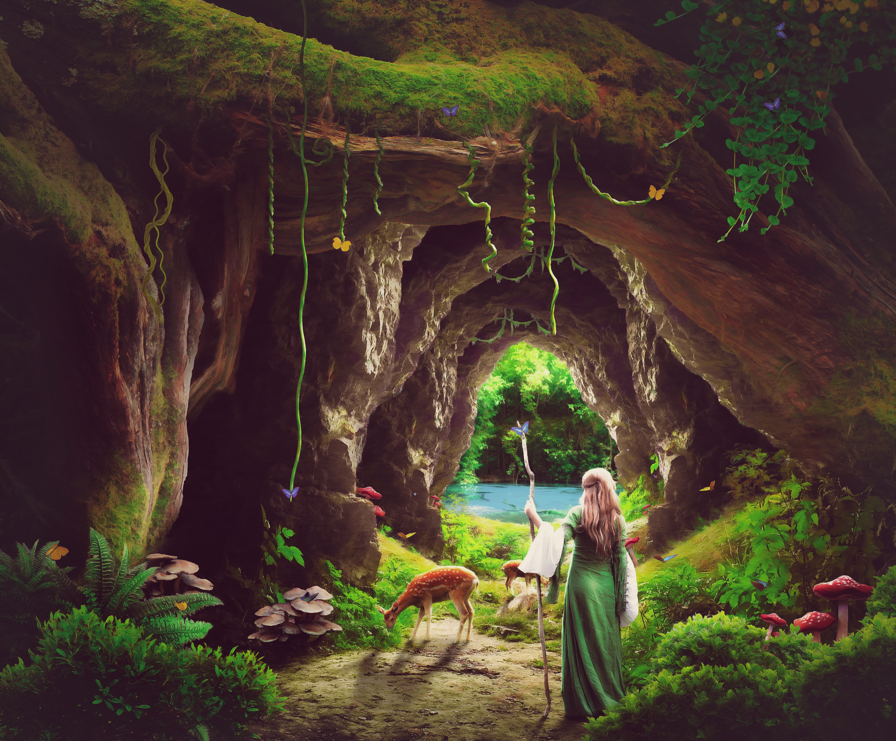 Laden Sie das Fantasie, Wald, Höhle, Hirsch-Bild kostenlos auf Ihren PC-Desktop herunter