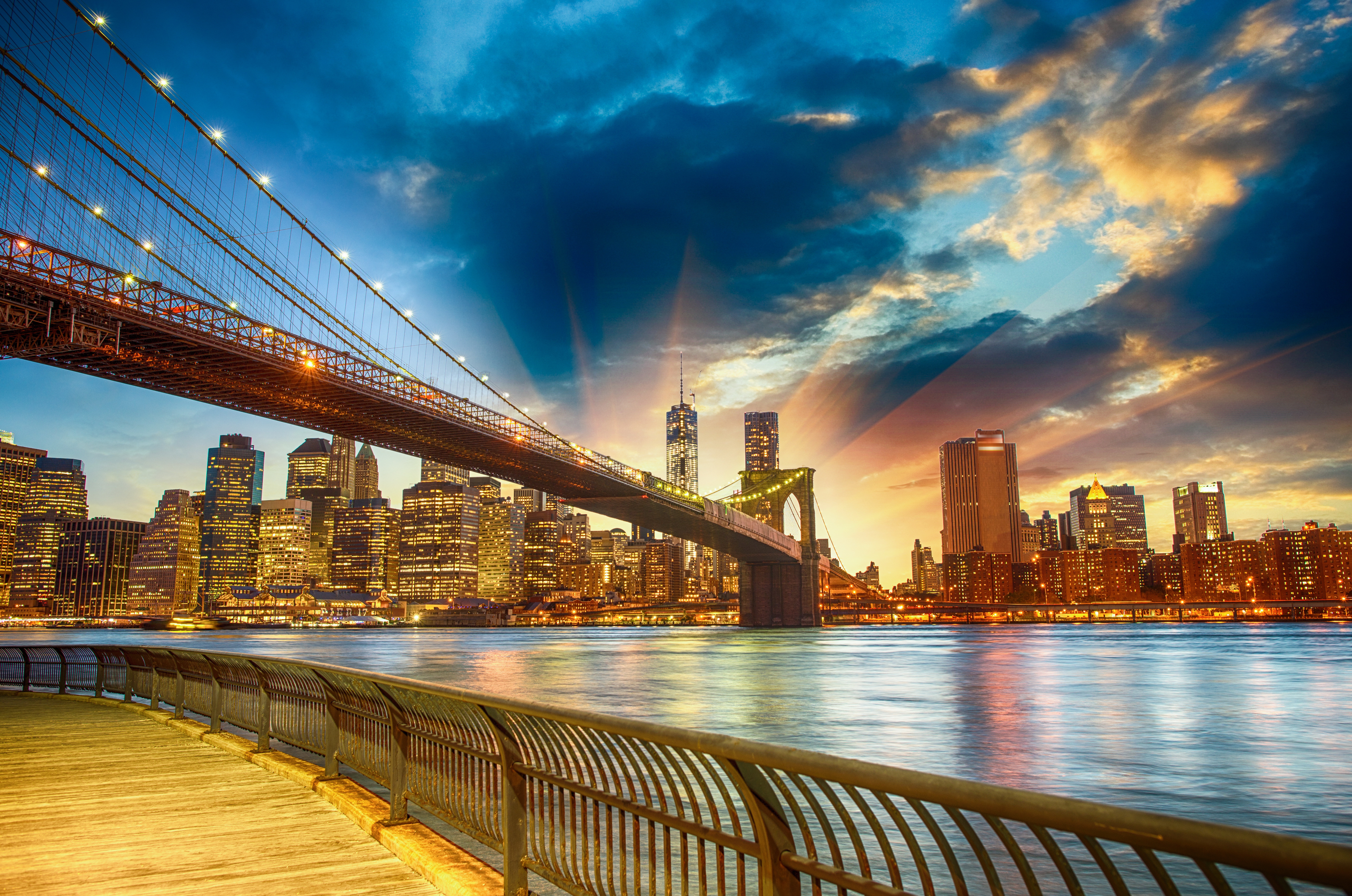 new york, light, bridges, cityscape, man made, brooklyn bridge, bridge, city, dusk