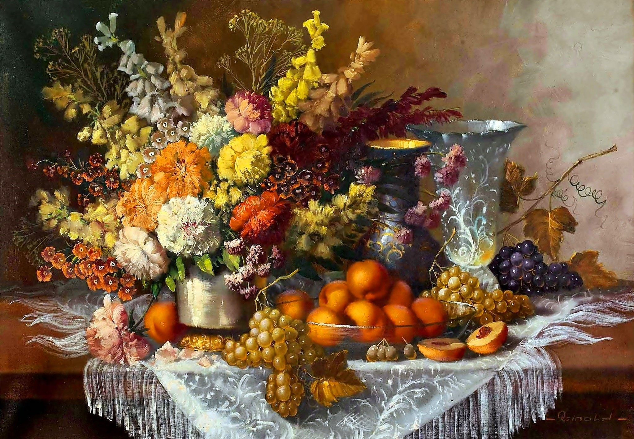 Laden Sie das Blume, Frucht, Vase, Bunt, Malerei, Künstlerisch, Stillleben-Bild kostenlos auf Ihren PC-Desktop herunter