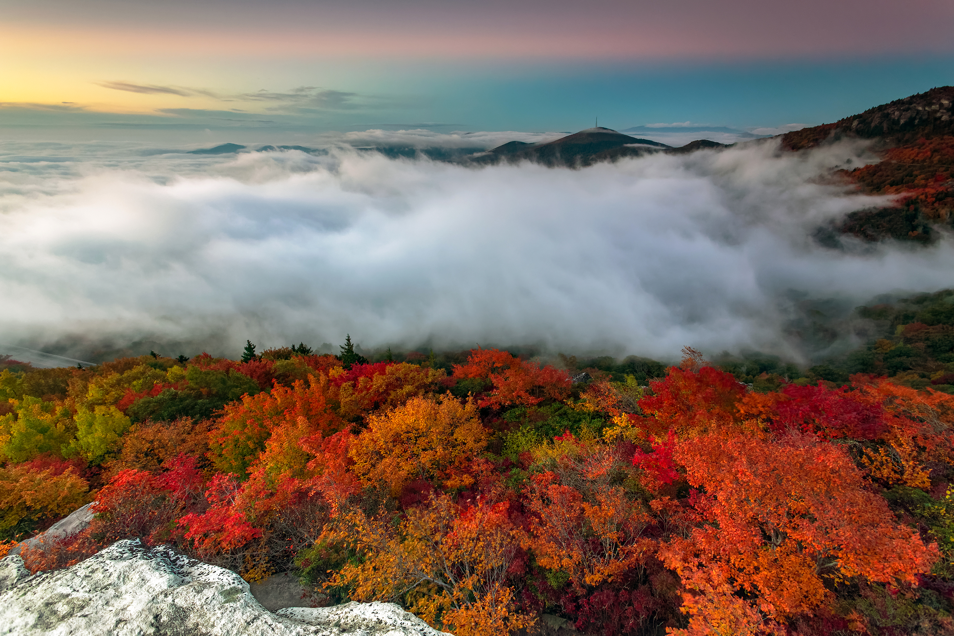 Download mobile wallpaper Landscape, Nature, Horizon, Fog, Fall, Earth for free.