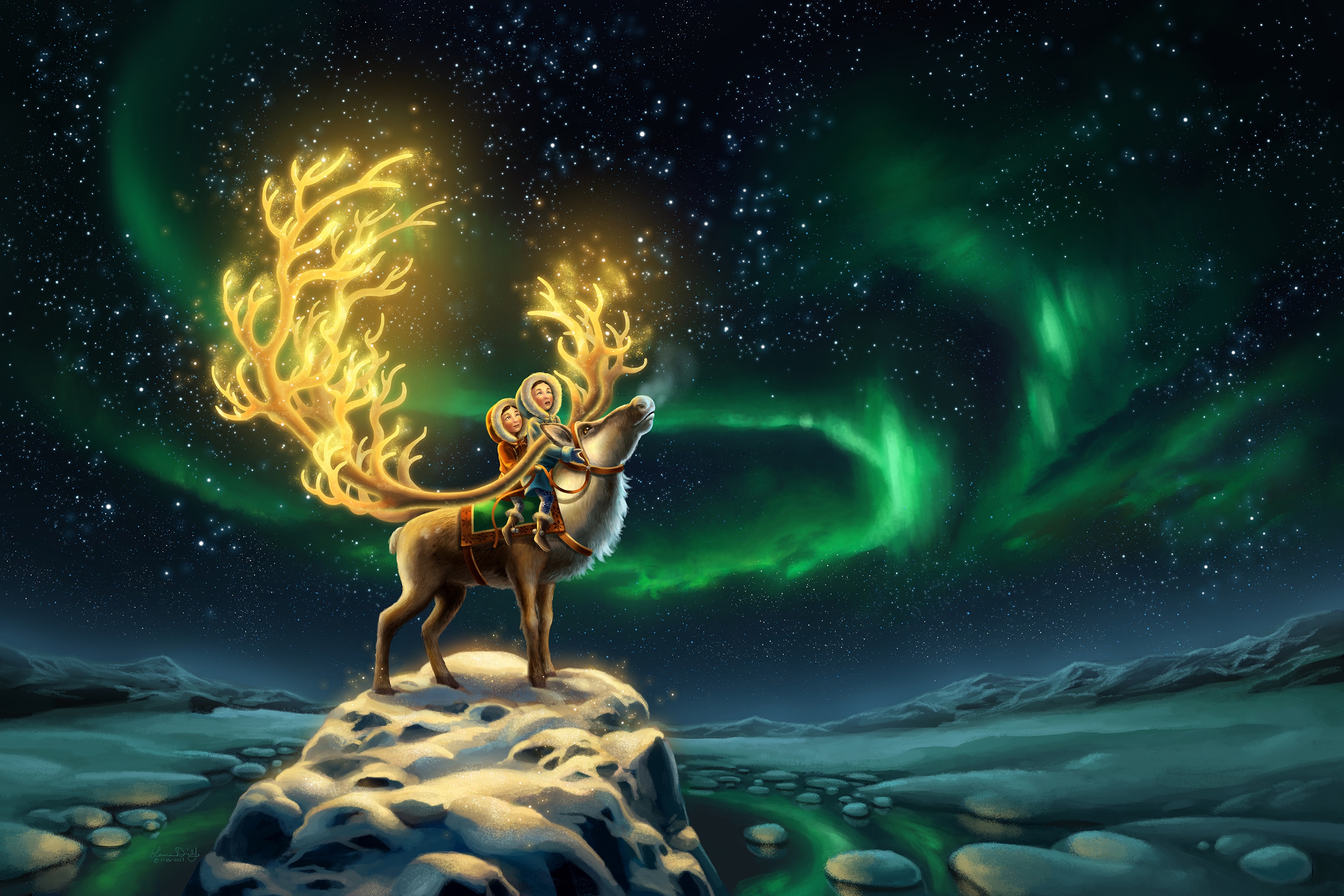 Download mobile wallpaper Fantasy, Sky, Stars, Night, Snow, Aurora Borealis, Deer, Child, Reindeer, Fantasy Animals for free.