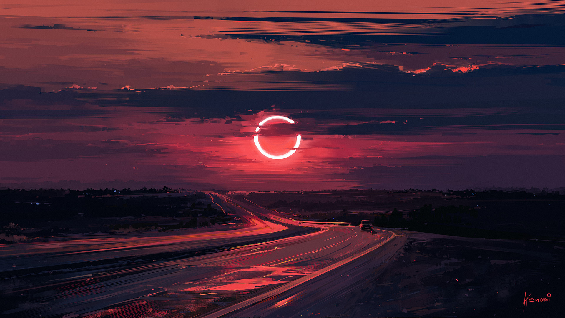 evening, fantasy, moon, cloud, eclipse, road