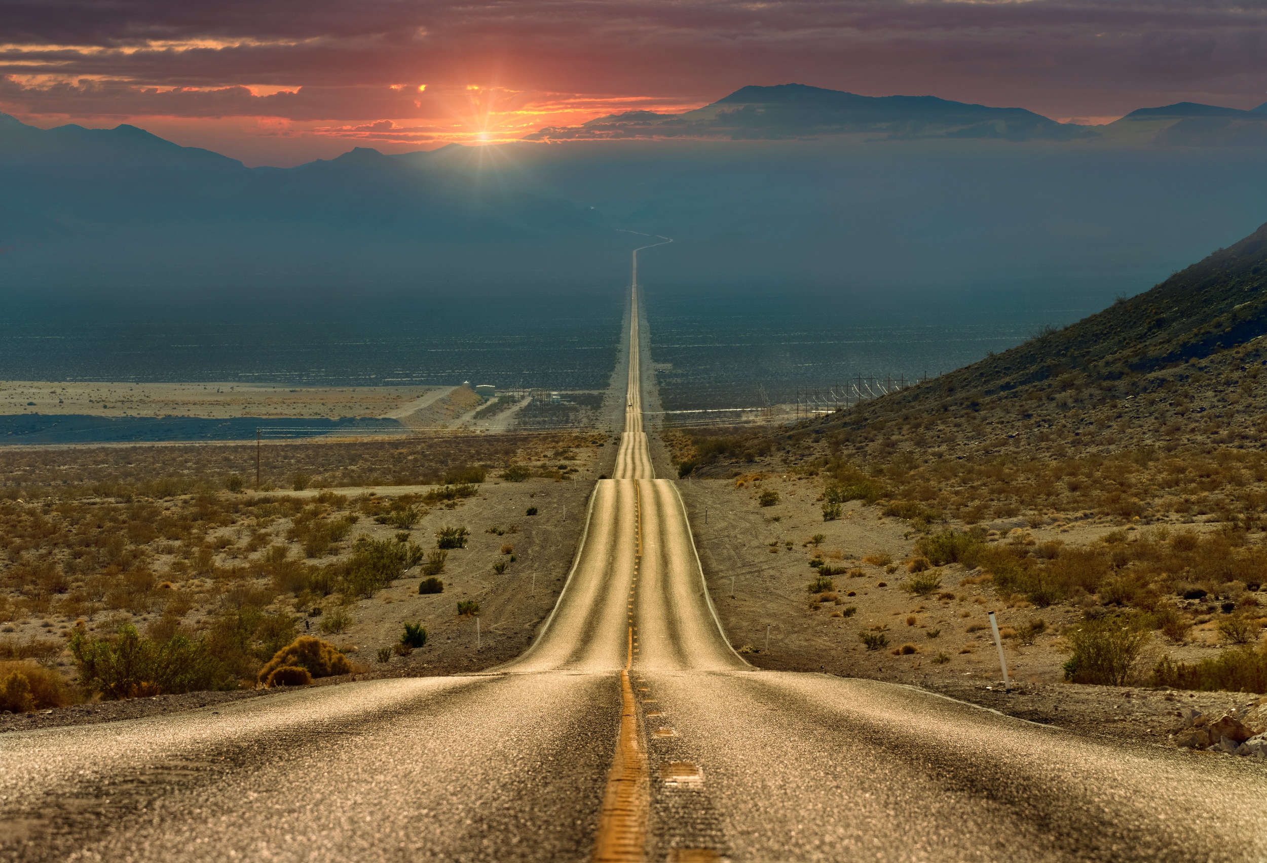 Download mobile wallpaper Landscape, Nature, Sunset, Desert, Road, Man Made for free.
