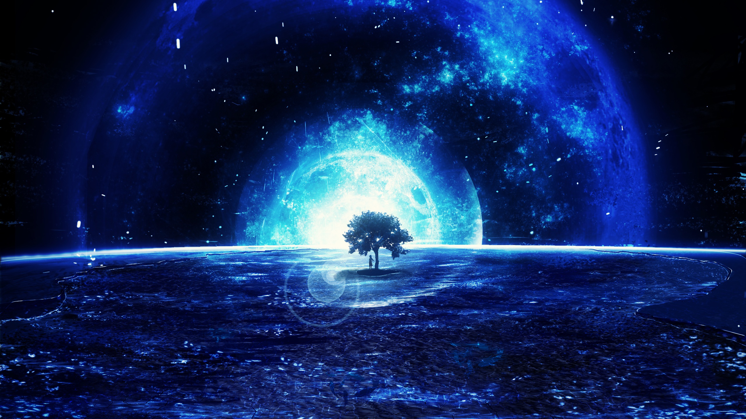 Скачать картинку Аниме, Луна, Дерево, Синий, Планета, Оригинал в телефон бесплатно.