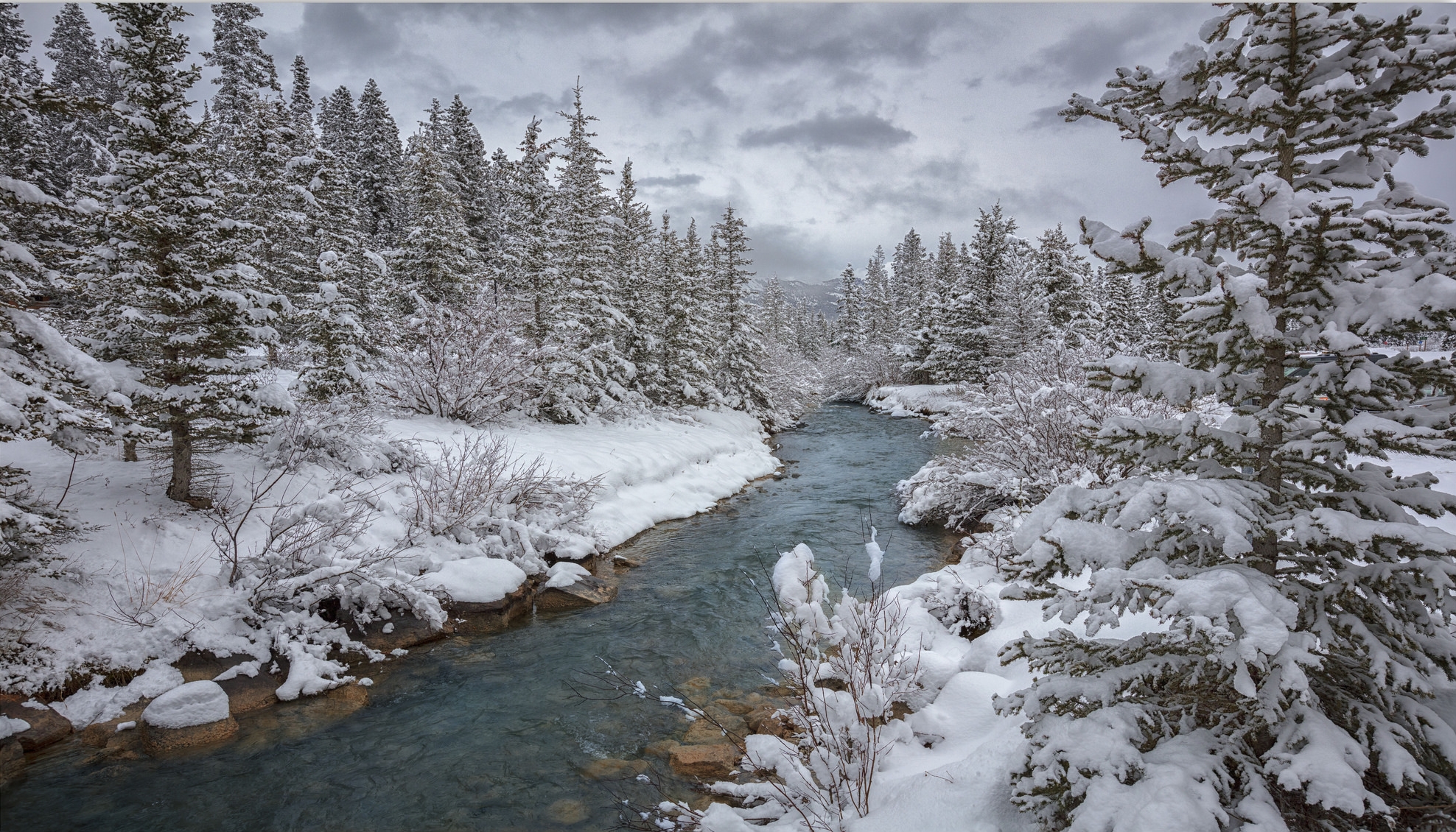 Download mobile wallpaper Winter, Snow, Forest, Tree, Earth, River for free.