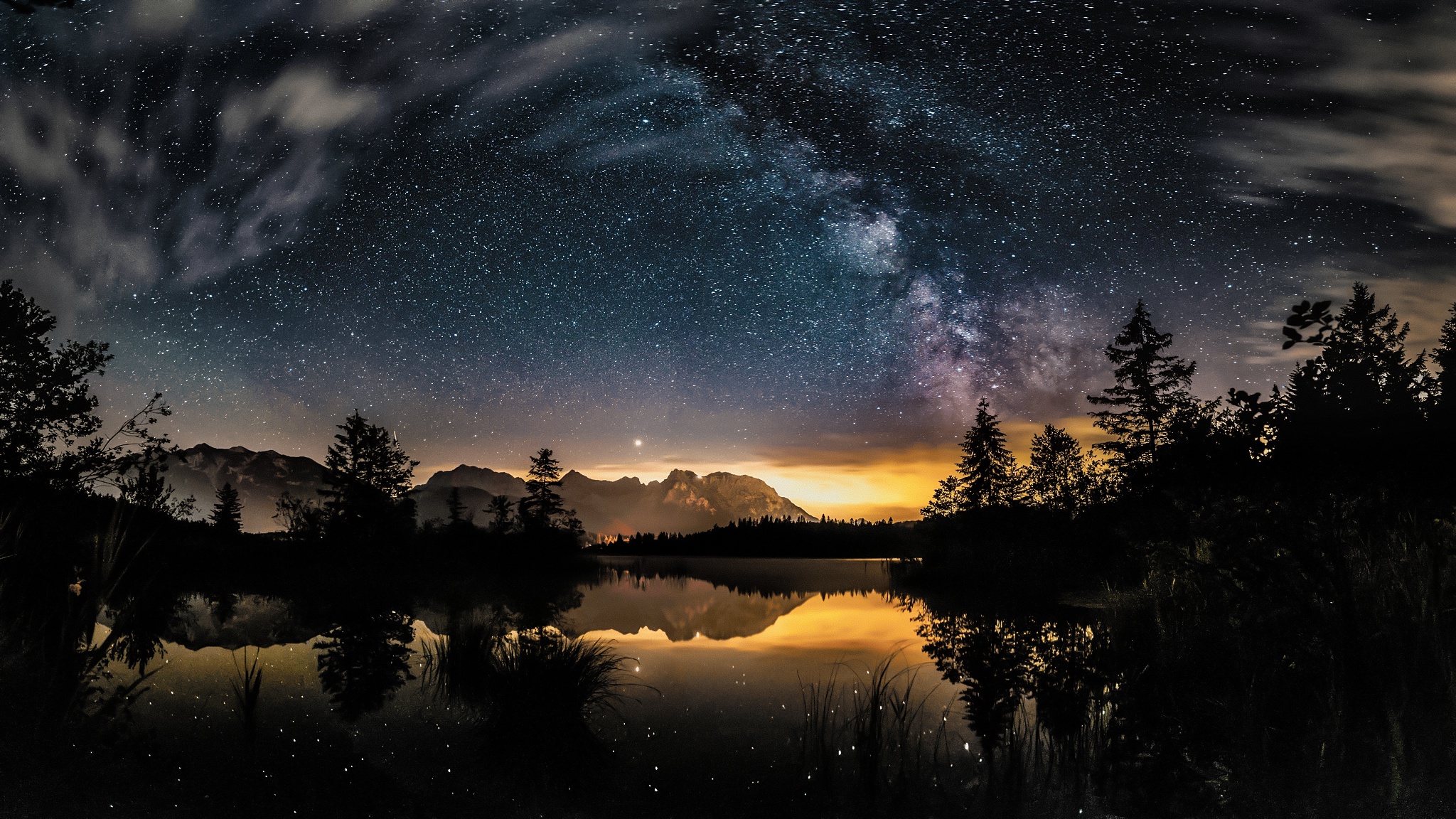 night, reflection, sky, lake, stars, starry sky, earth, nature Panoramic Wallpaper