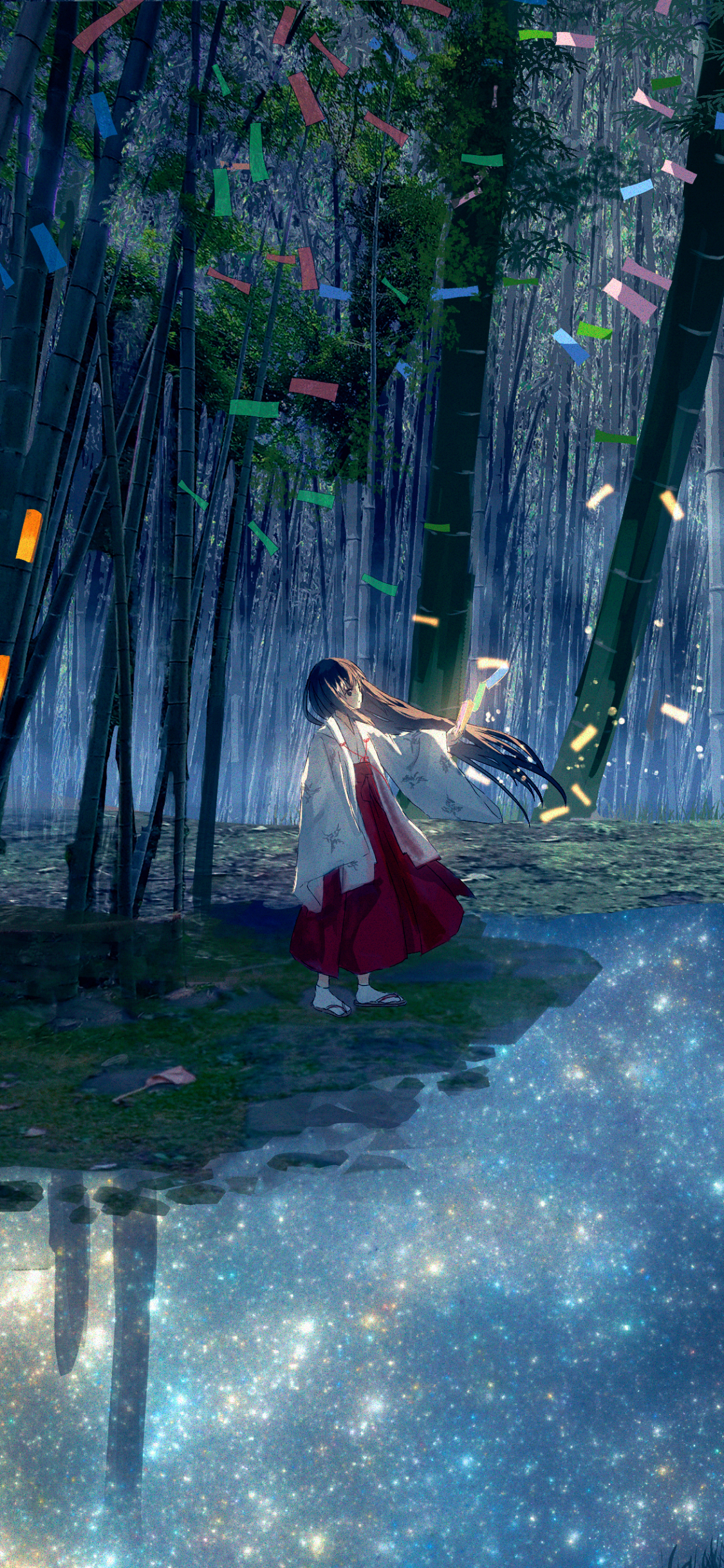 Download mobile wallpaper Anime, Night, Forest, Bamboo, Long Hair for free.