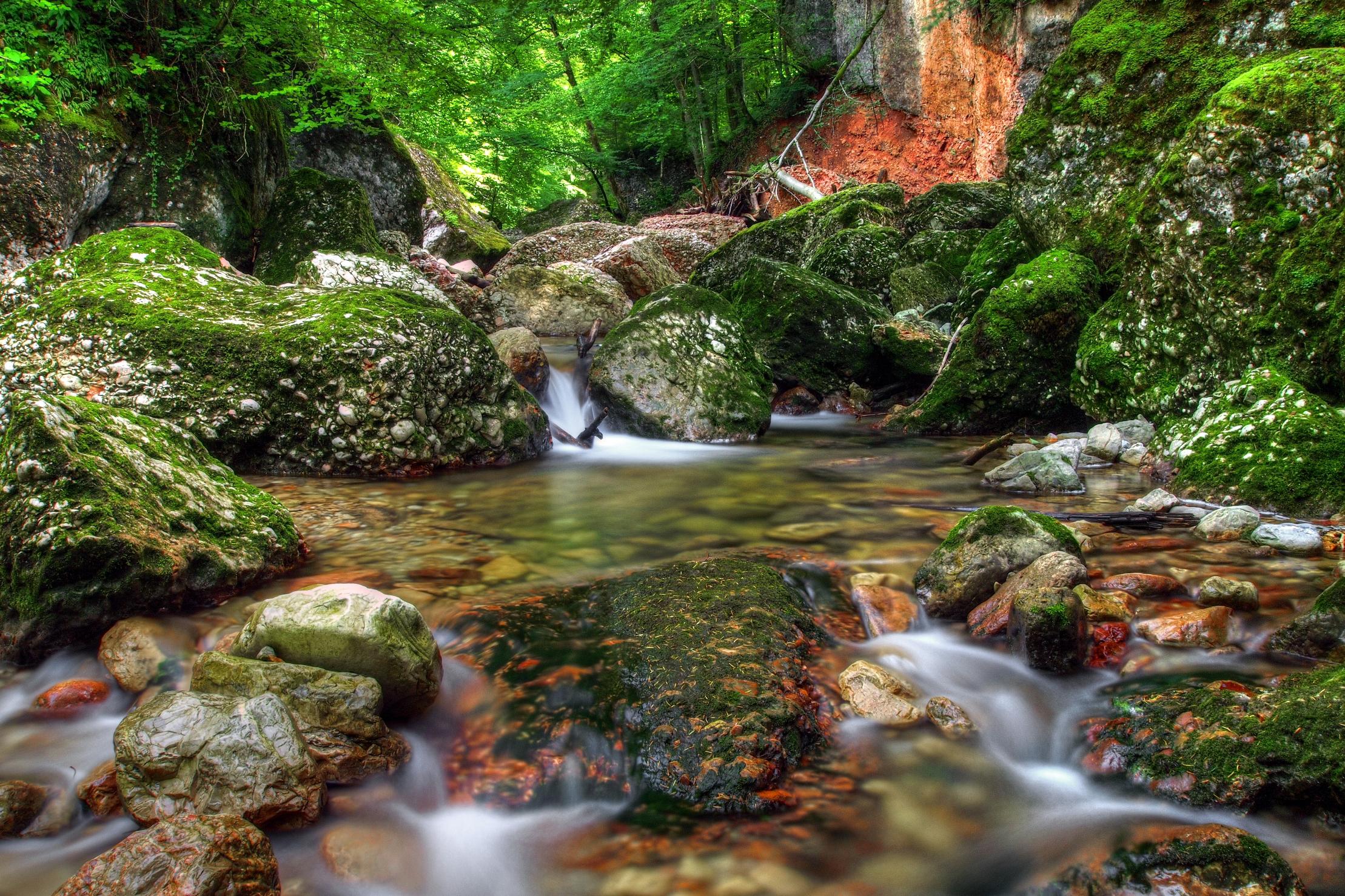 earth, stream, moss, motion blur, nature, water