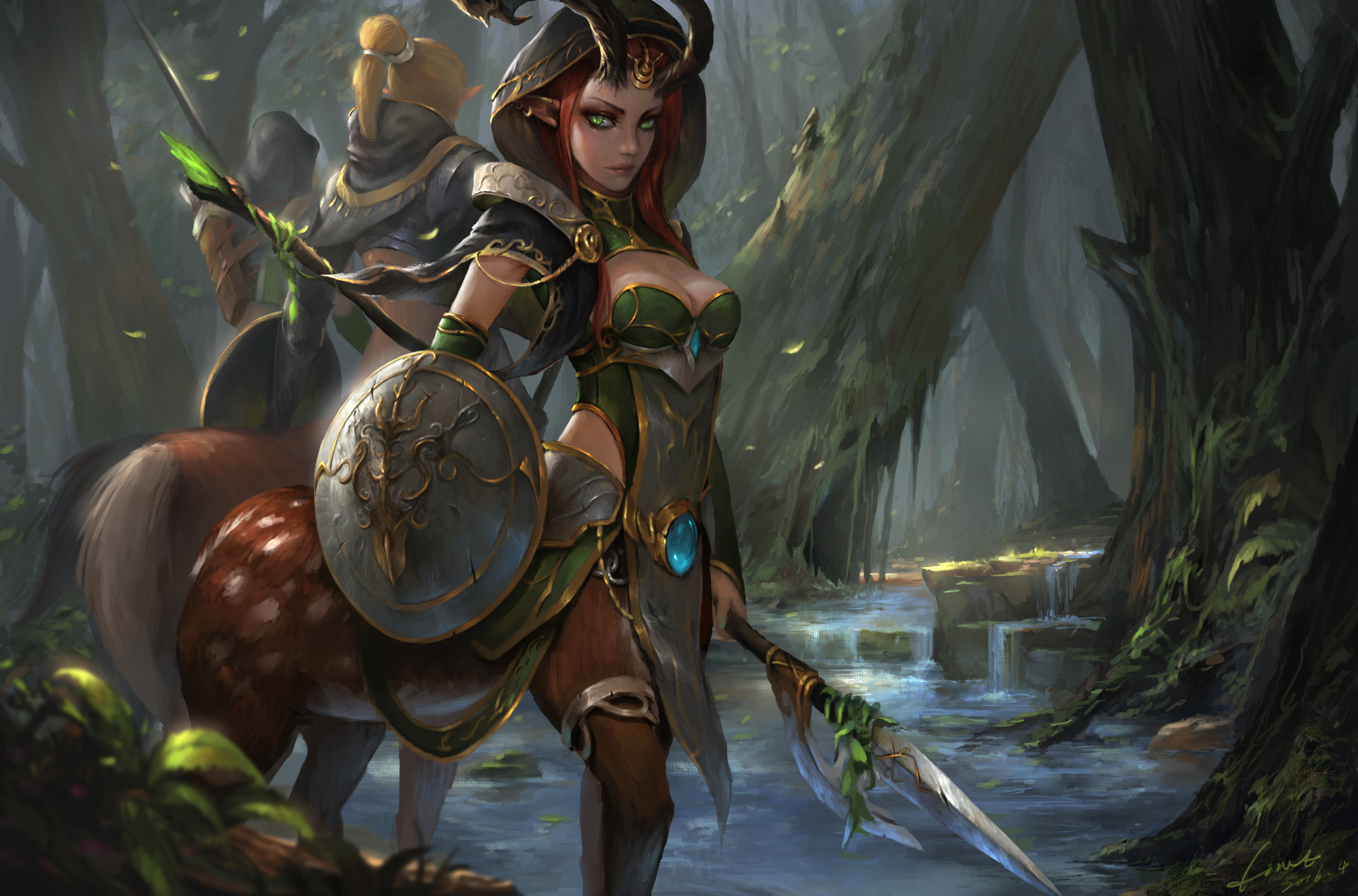 fantasy, centaur, forest, green eyes, horns, pointed ears, shield, warrior
