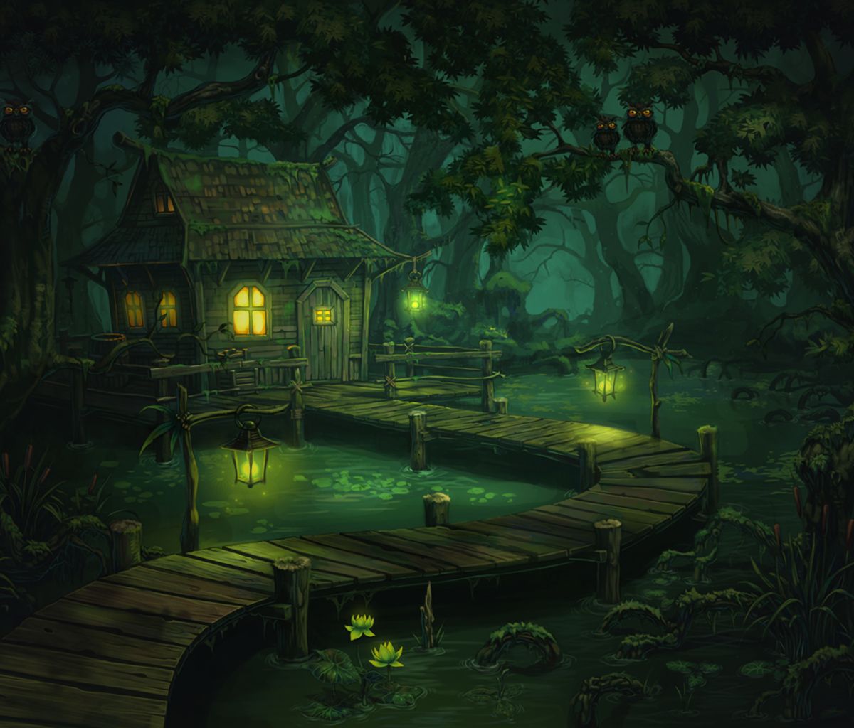 Download mobile wallpaper Fantasy, Night, Forest, House for free.