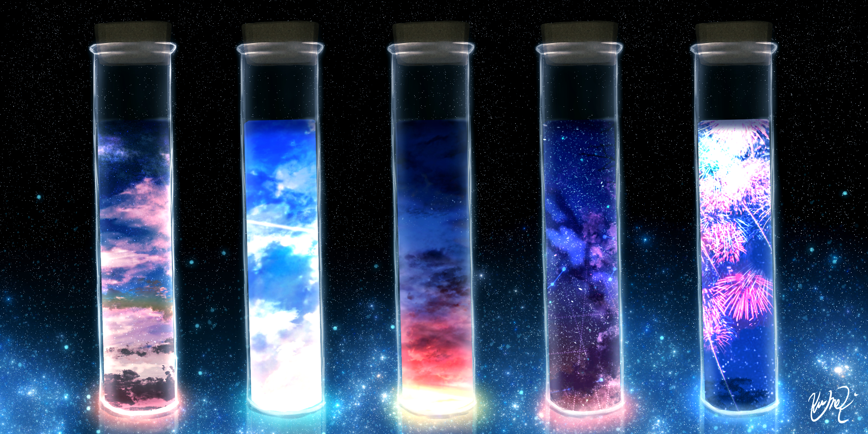 Free download wallpaper Anime, Sunset, Sky, Starry Sky, Glass, Fireworks, Original on your PC desktop