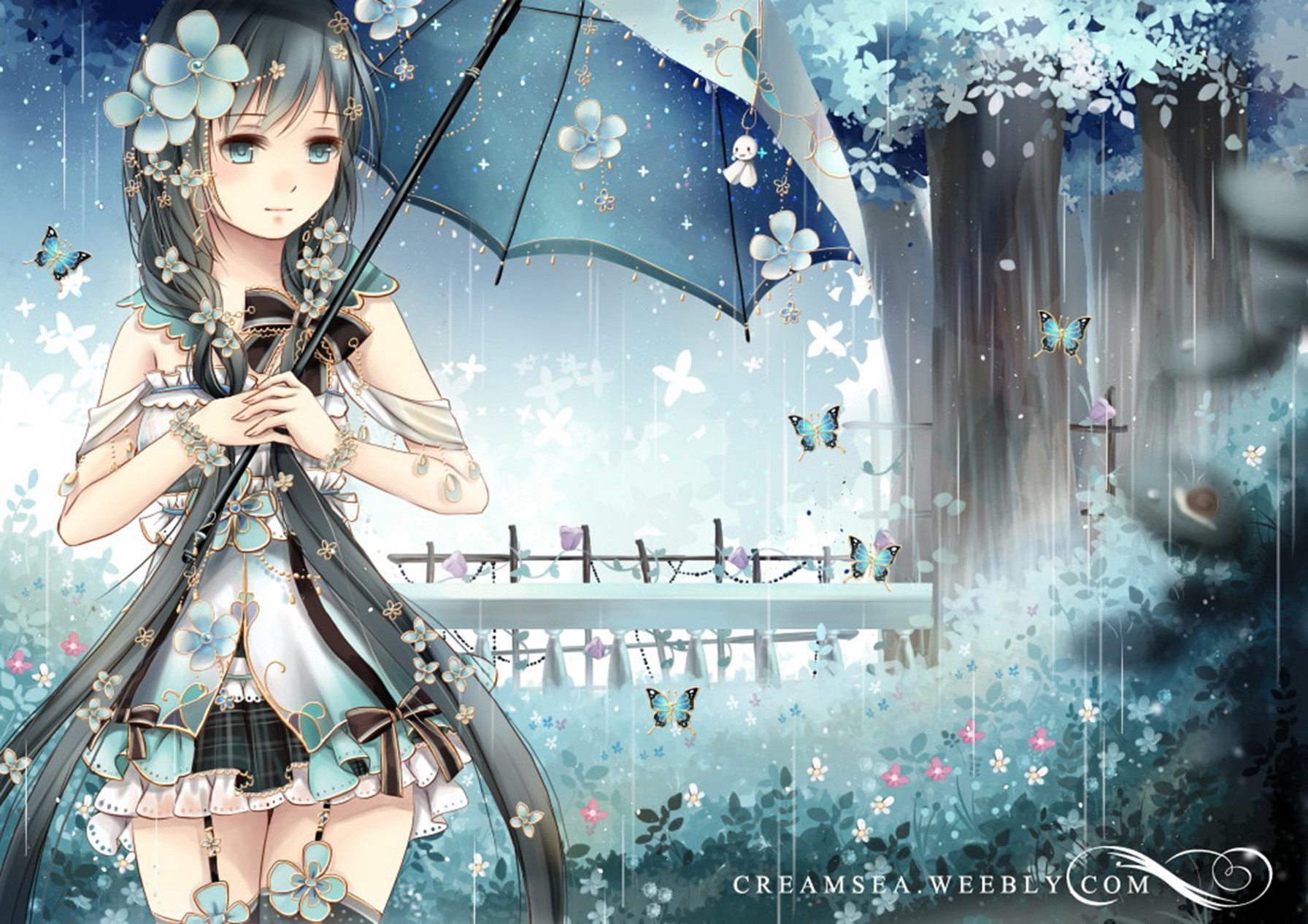 anime, utau, blue eyes, dress, flower, rain, umbrella, xia yu yao