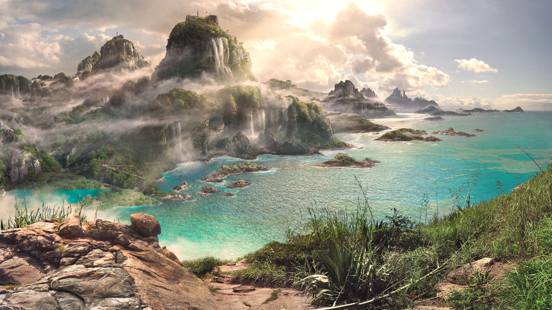 Free download wallpaper Landscape, Water, Fantasy, Grass, Mountain, Cloud on your PC desktop
