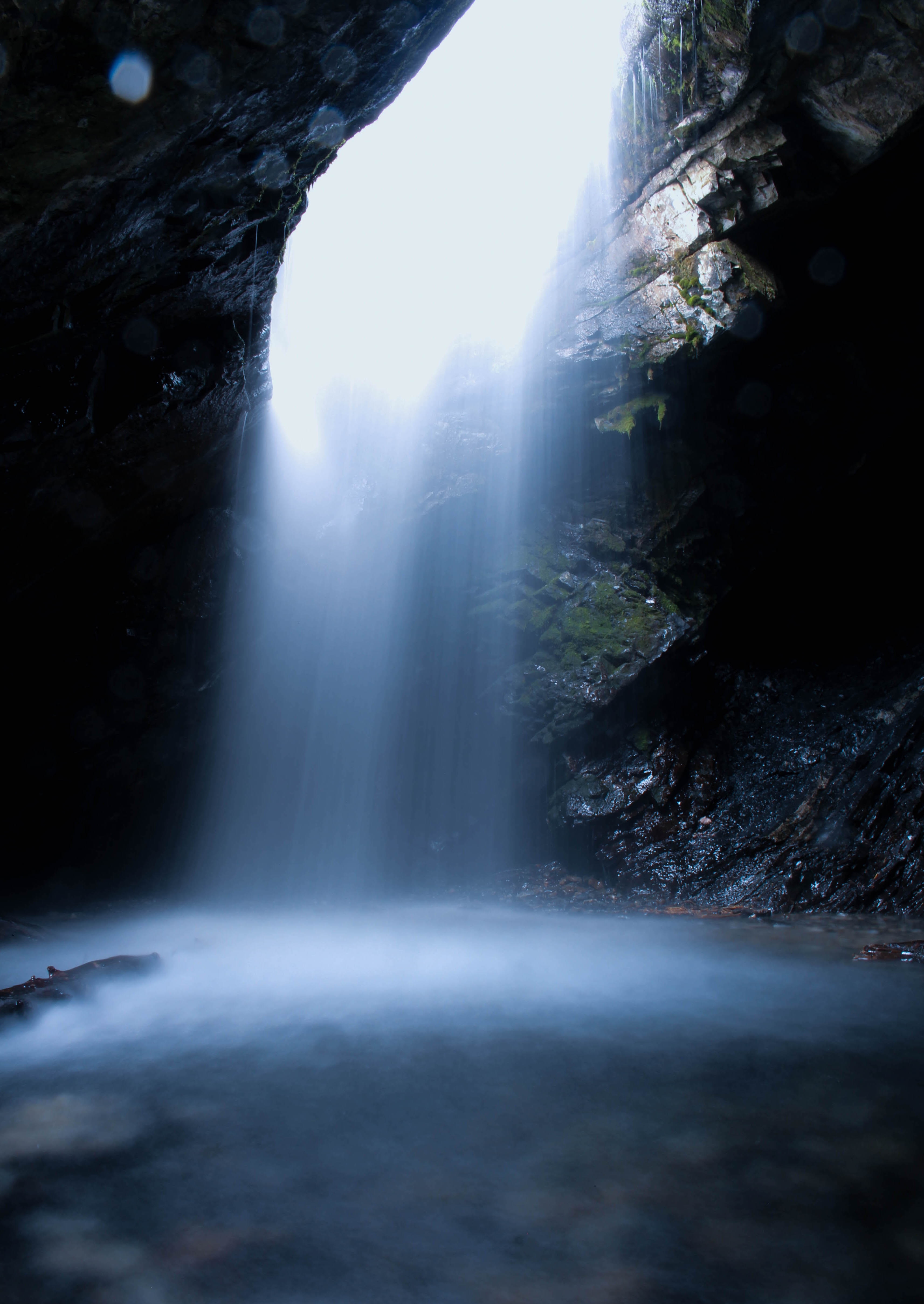 Free download wallpaper Nature, Rocks, Waterfall, Water, Spray, Cave on your PC desktop