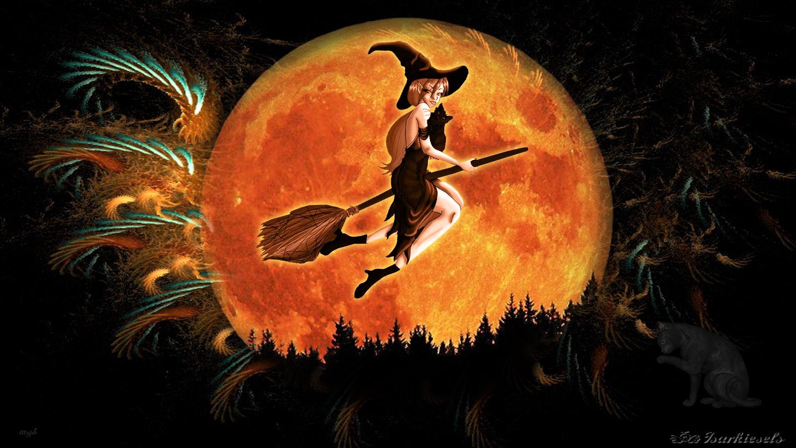 Download mobile wallpaper Halloween, Moon, Holiday, Witch, Flying, Broomstick for free.