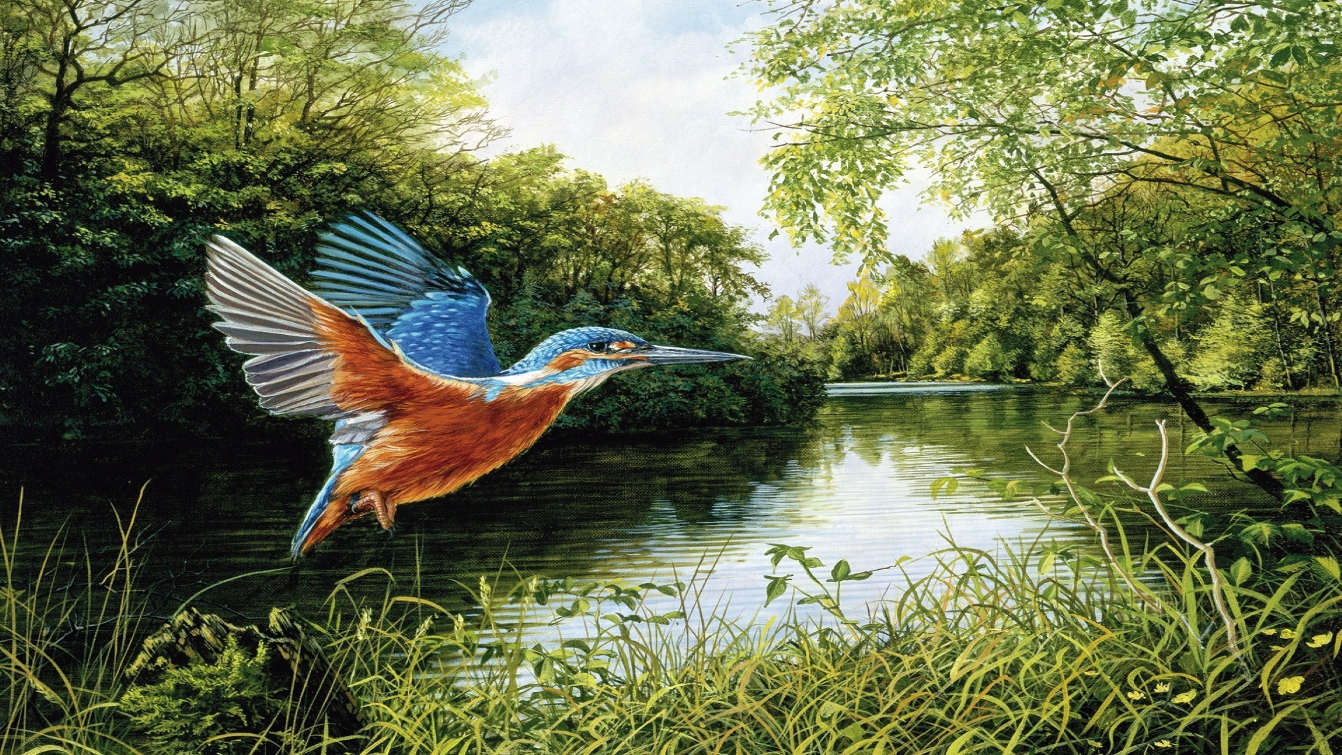 Free download wallpaper Birds, Bird, Animal, Painting, Kingfisher, Flying on your PC desktop