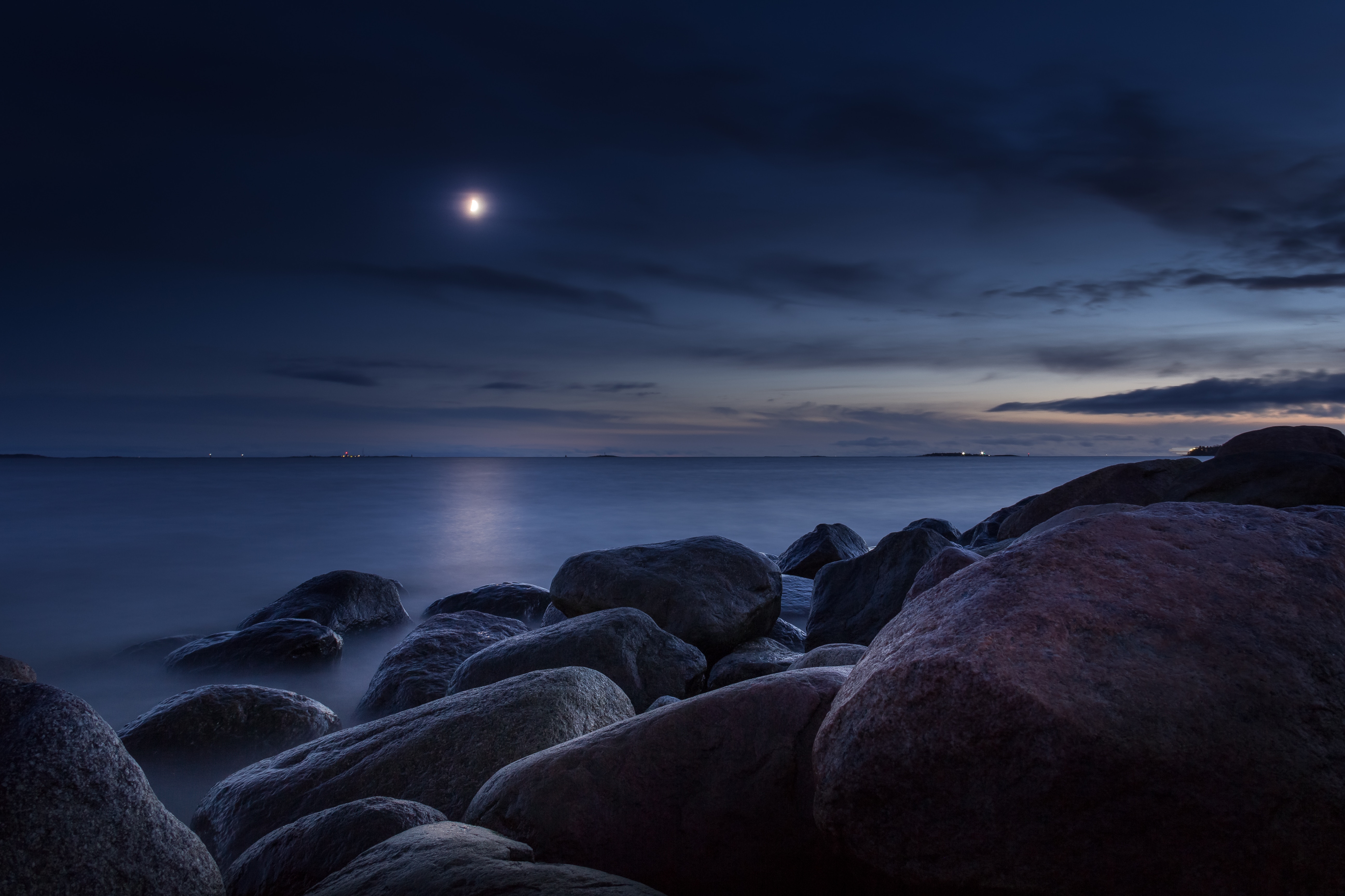 moon, nature, stones, sea, night, shine, light Free Background