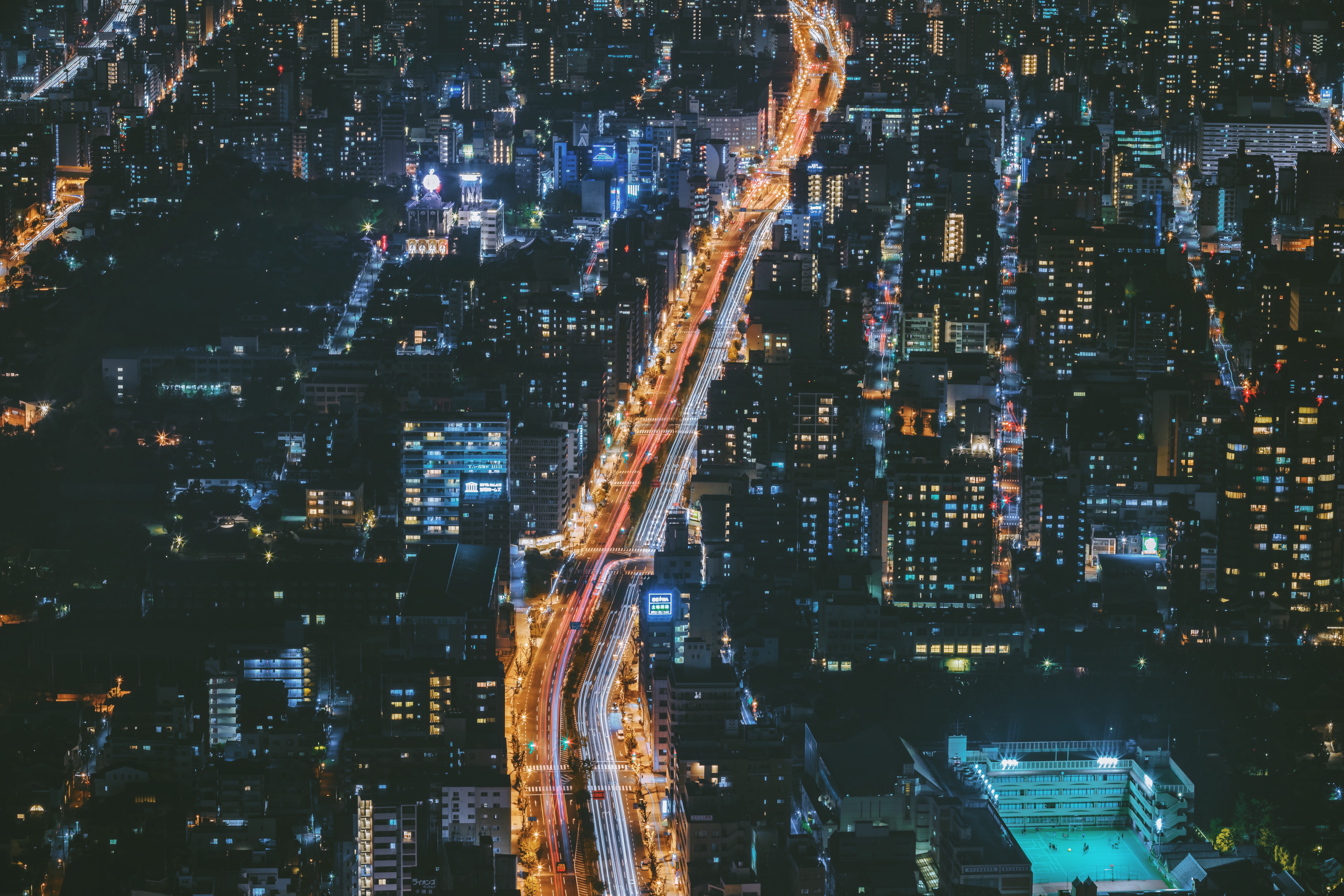 Скачать обои бесплатно Осака, Вид Сверху, Города, Огни Города, Ночной Город, Япония картинка на рабочий стол ПК
