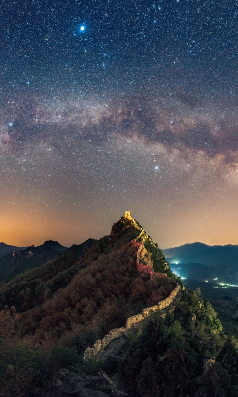 Download mobile wallpaper Landscape, Nature, Sky, Stars, Night, Monuments, Great Wall Of China, Starry Sky, Panorama, Man Made for free.