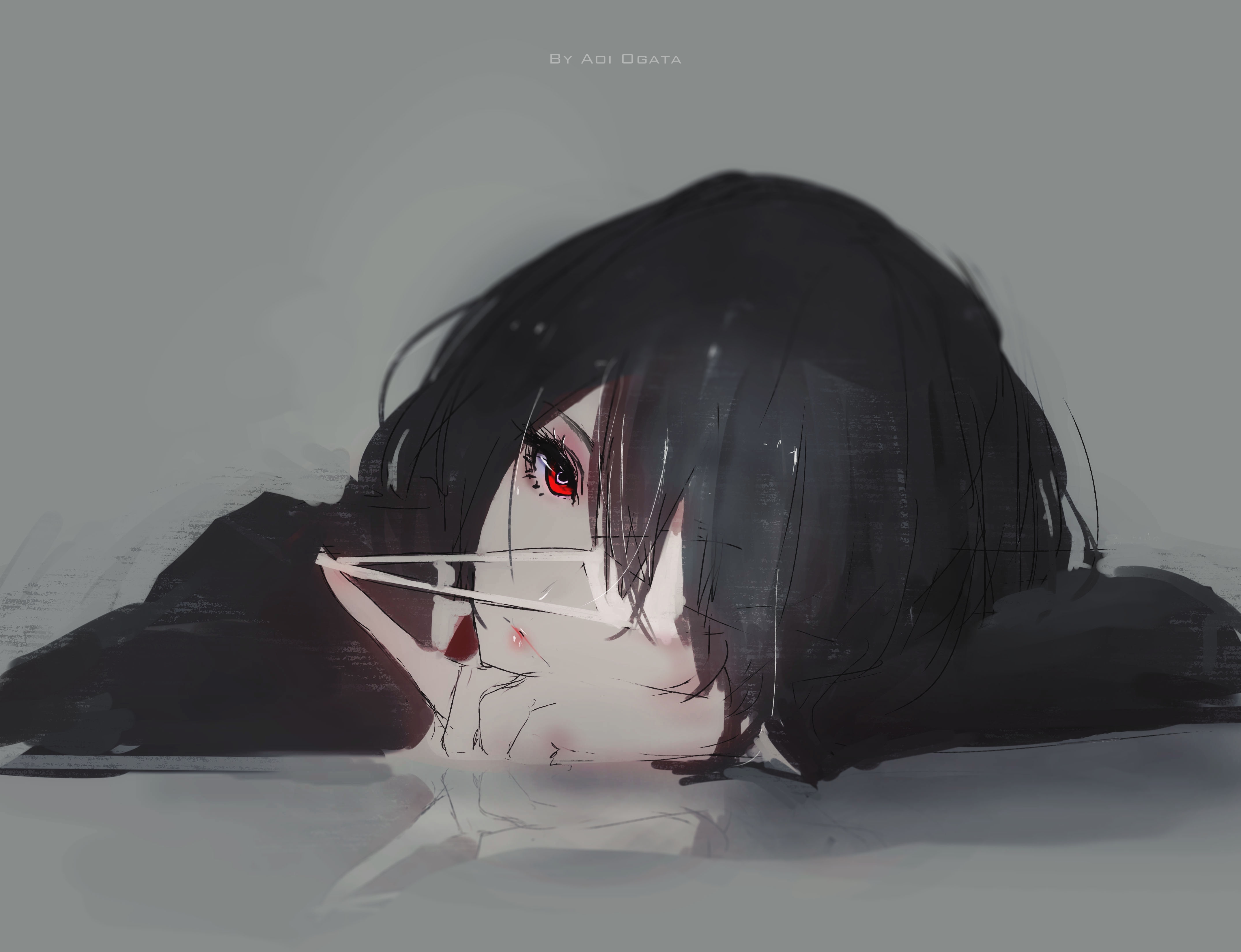 reflection, anime, short hair, black hair, another, another (anime), eye patch, mei misaki, red eyes