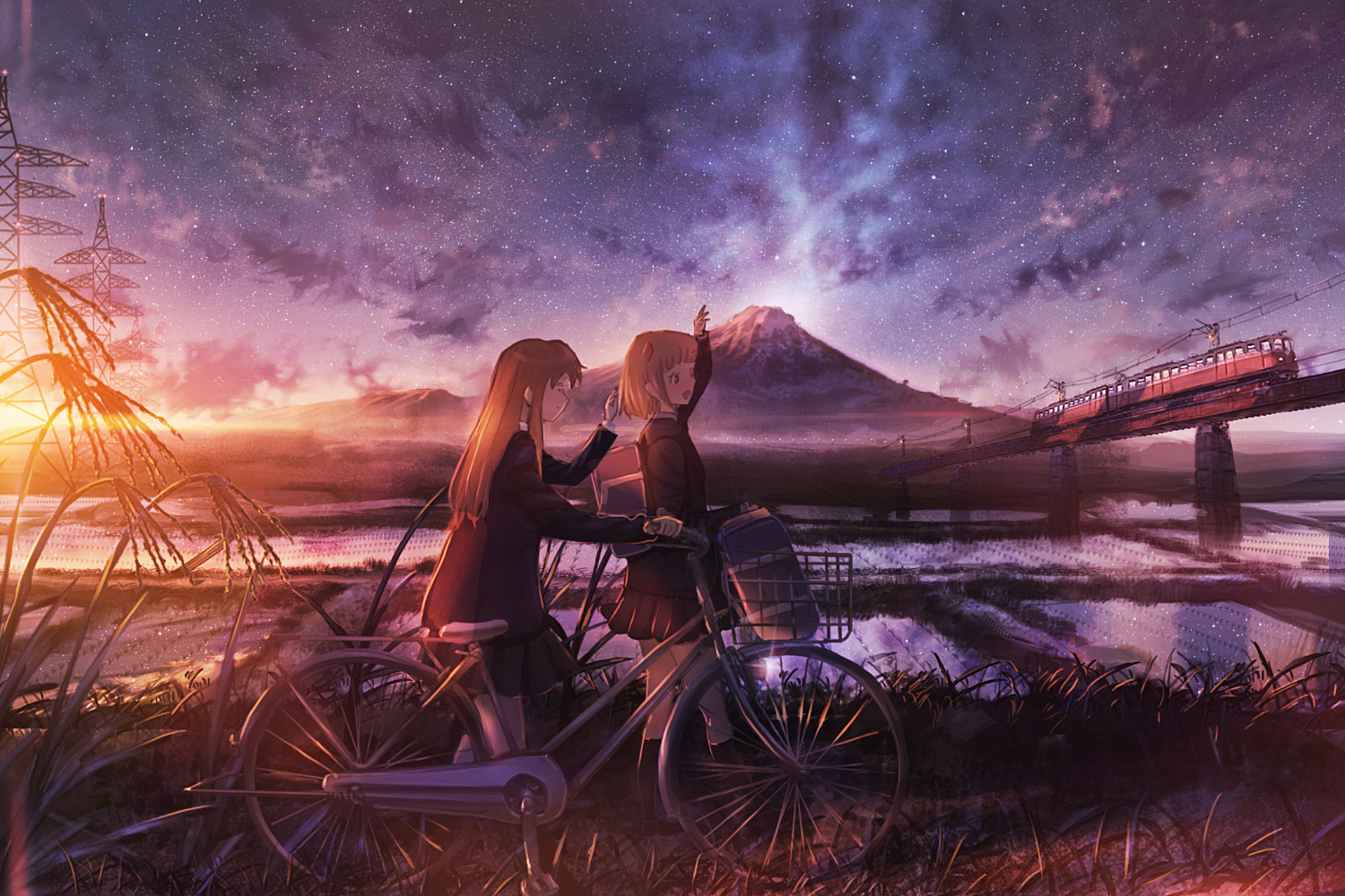 Handy-Wallpaper Fahrrad, Original, Sonnenuntergang, Animes, Sternenklarer Himmel kostenlos herunterladen.